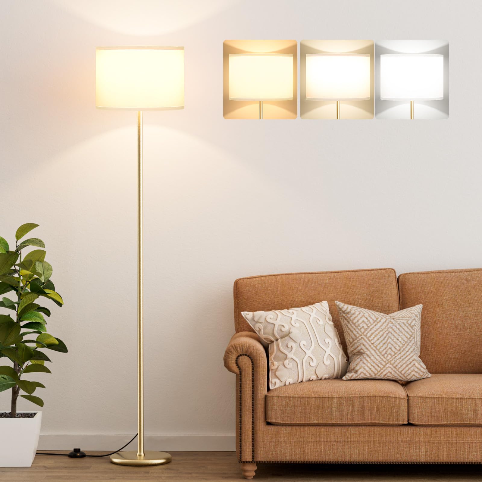 Ambimall 60'' Modern Floor Lamp with Shade, Tall Lamps for Living Room, Bedroom, Office, Dining Room, White Shade with Gold Pole
