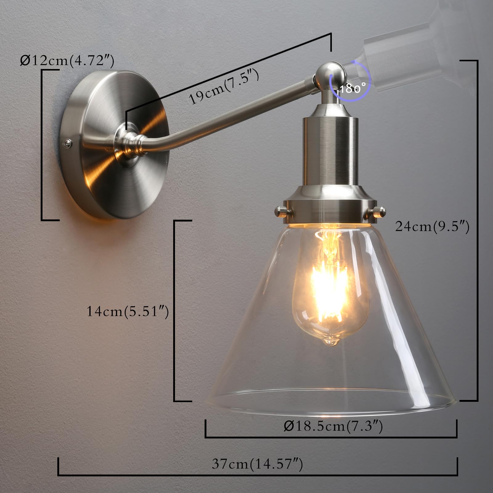 PERMO Industrial Vintage Wall Sconce Light Fixture, Funnel Flared Clear Glass Shade, Brushed Metal, Model Y410, 1-Light Hardwired
