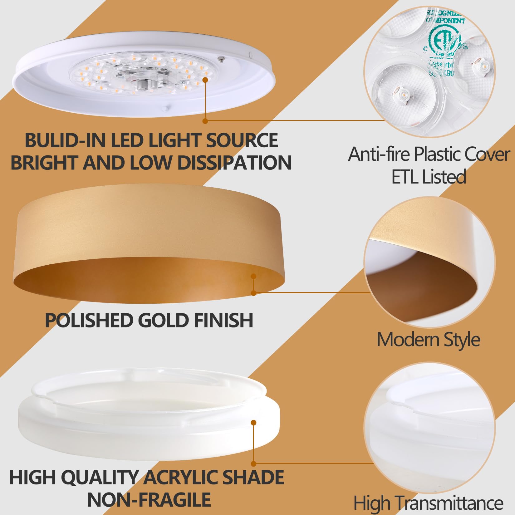 Bargeni Flush Mount Ceiling Light, 12.5 Inch Led Ceiling Light Fixture, Polished Gold Finish, Dimmable/3000K/18W, Outdoor Flush