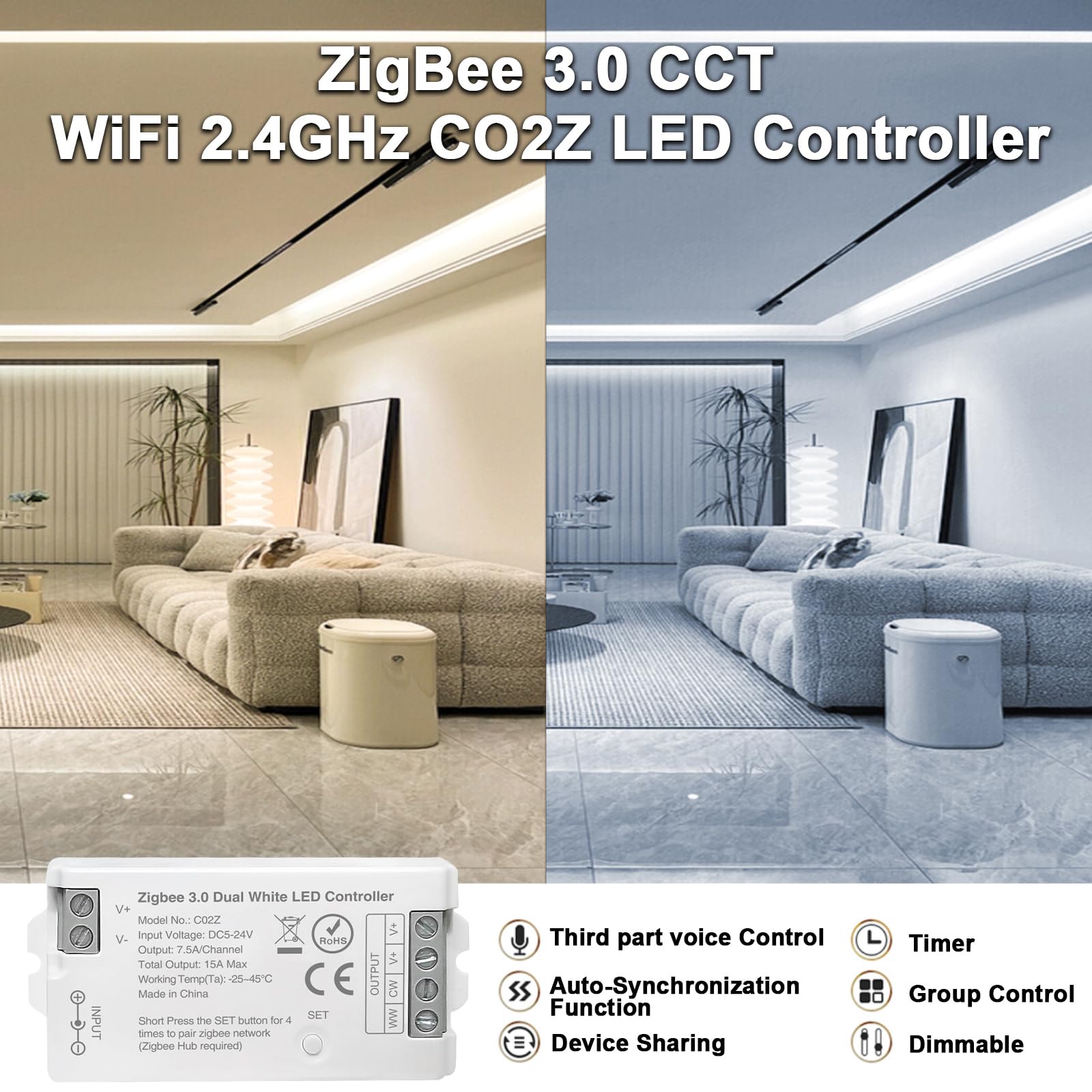 Tunichx Zigbee 3.0 Led Controller C02Z Cct Dual White Led Strip Bulb Dimmer Compatible With Echo Plus Philip H-Ue Home-Kit Zigbe