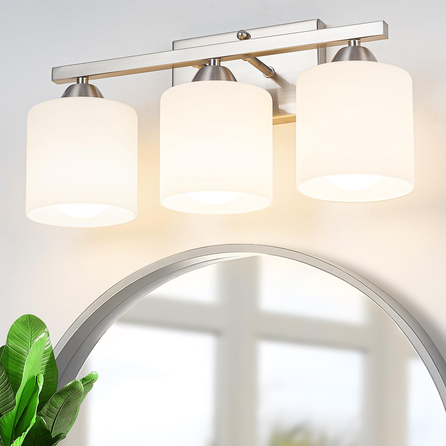 CANMEIJIA 3-Light Bathroom Vanity Light Fixture, Brushed Nickel, Aluminum, Milky White Glass Shades, Model CMJ-JQD-001