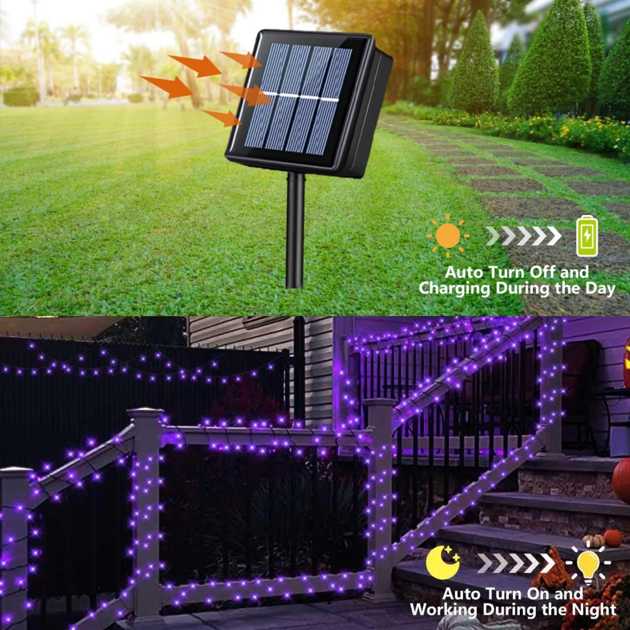 Qitong Purple Solar String Lights, 2 Pack Each 66Ft 200 Led Halloween Lights Outdoor Waterproof, 8 Modes Green Wire Christmas Tw