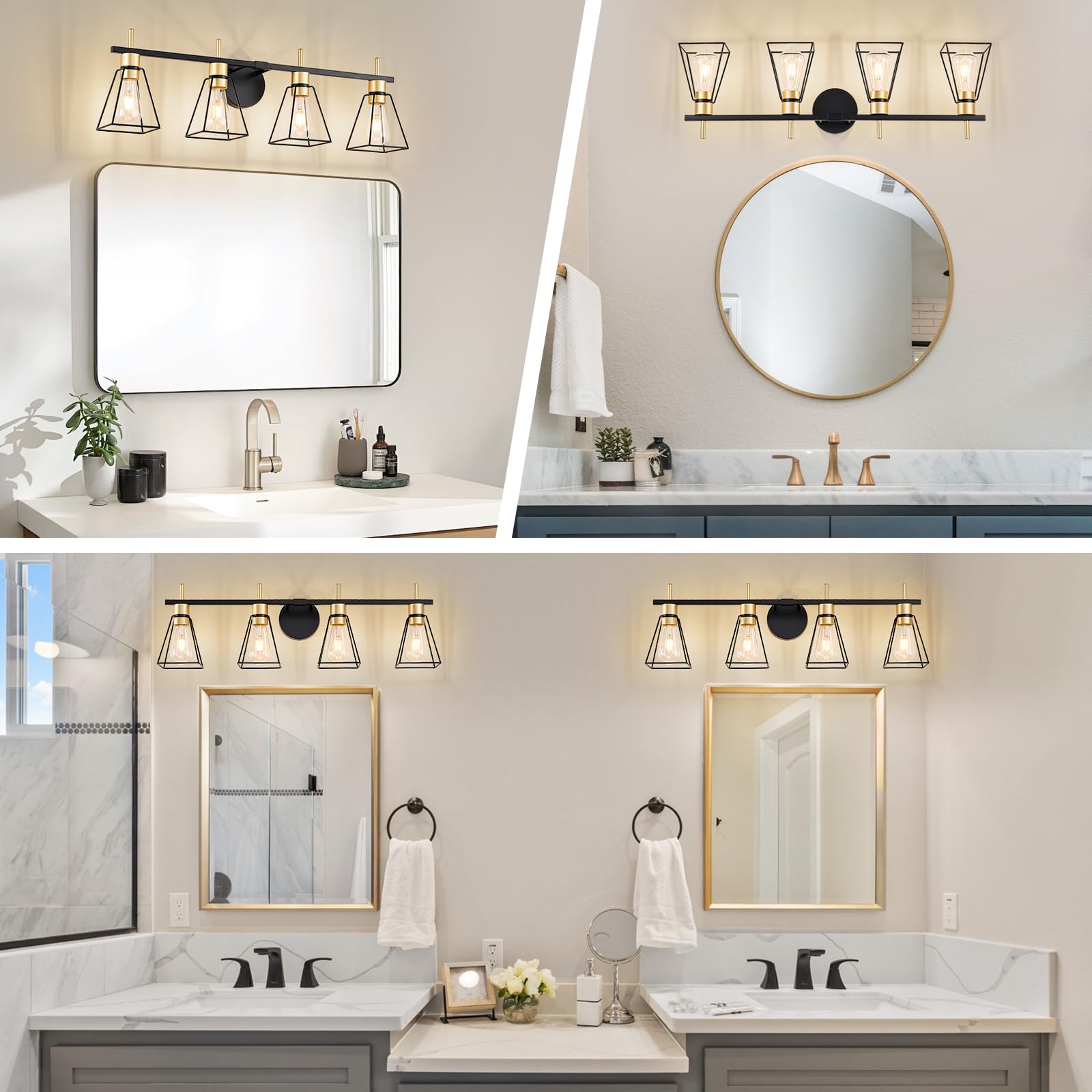 FonmYim Farmhouse Bathroom Vanity Light Fixtures Over Mirror, Black and Gold 4-Light Wall Sconce with Metal Cage, E26 Socket (Bu