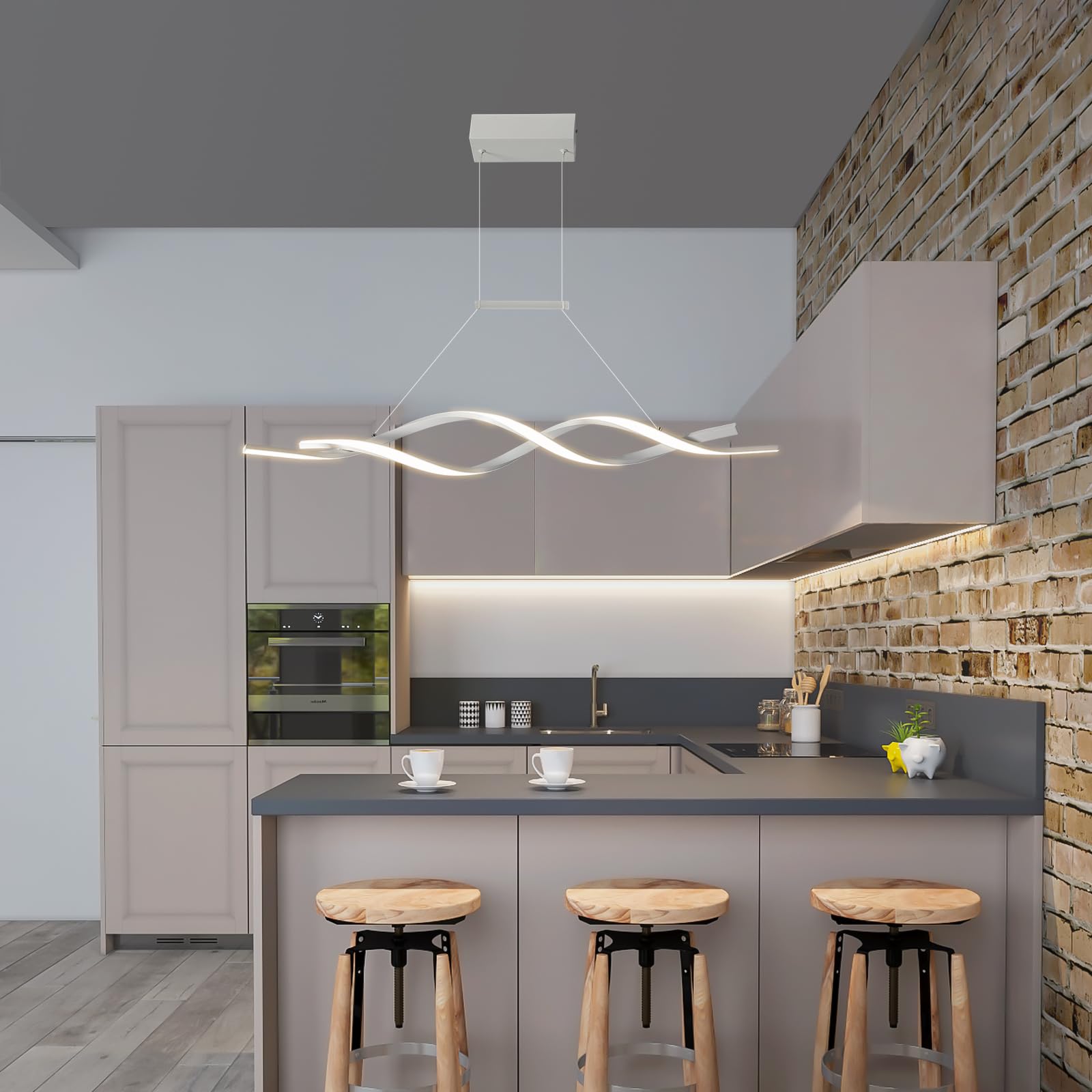 Jaycomey Modern Pendant Light, Dimmable LED Chandelier, Wave Shape, 28W, 3000-6000K, White, Model SFM-19009-100-WJ
