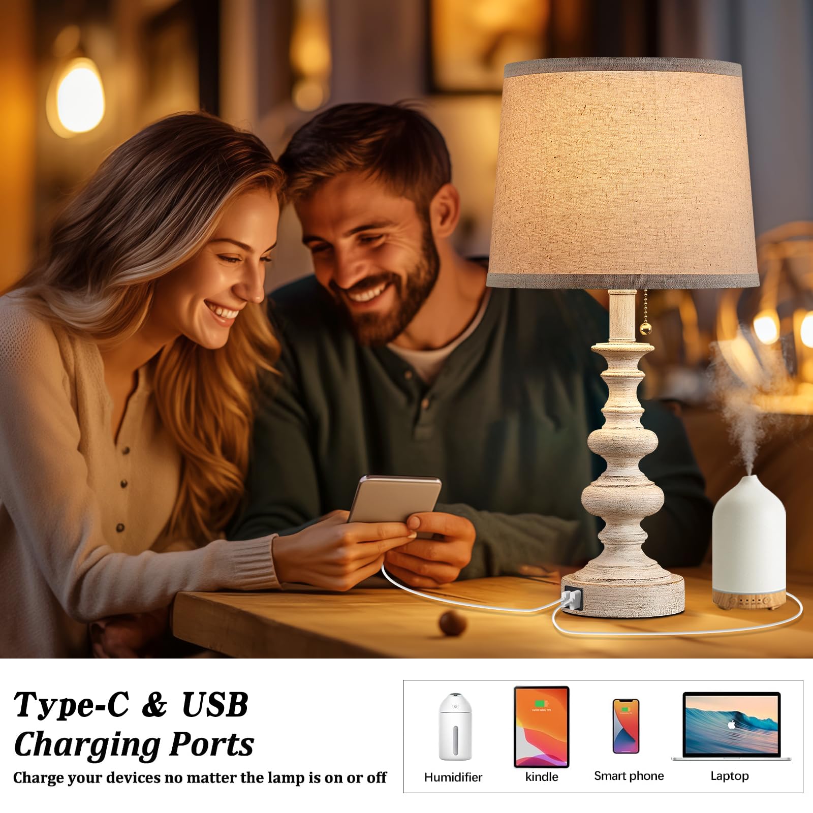 Bowobo 21'' Farmhouse Table Lamp Set Of 2 With Usb A+C Ports For Bedroom Living Room Vintage Rustic Traditional Nightstand Bedsi