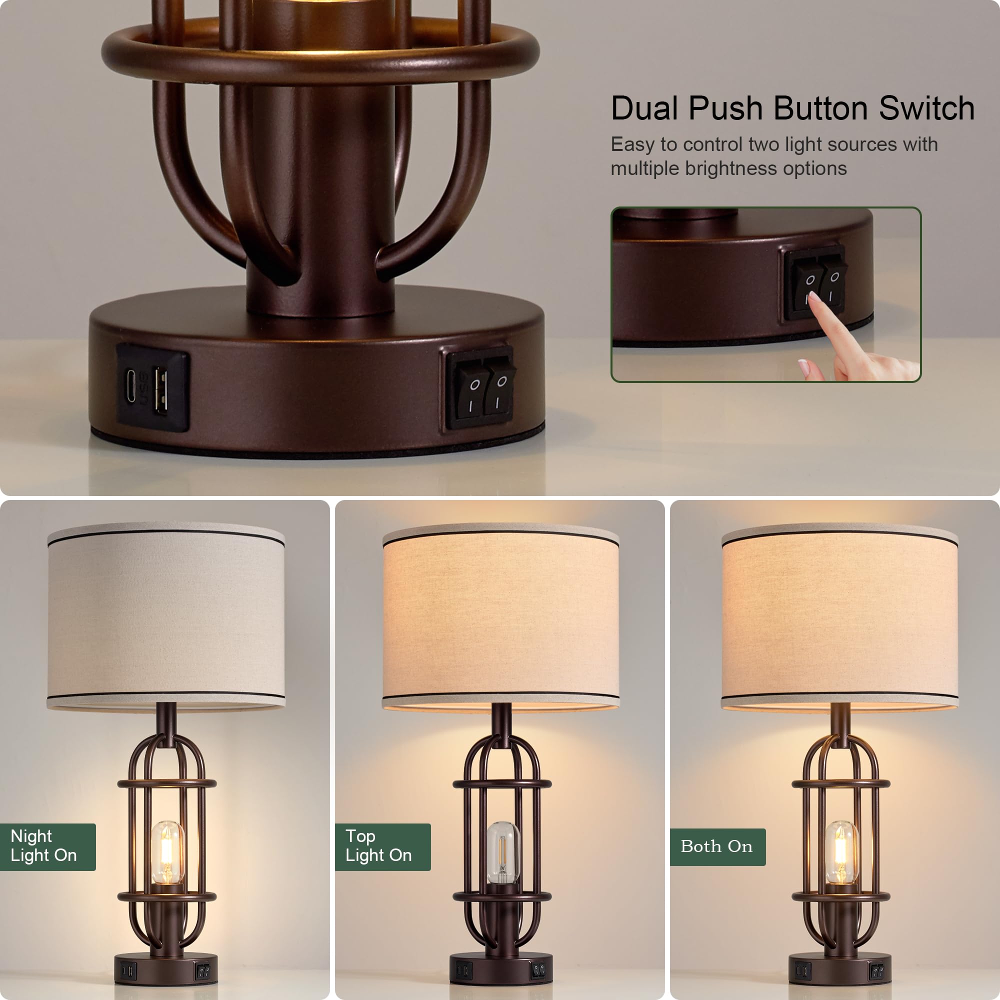 Reaketon Living Room Lamps Set of 2, 22.3 Farmhouse Table Lamp for Bedroom, Vintage Lamps for Night Stands with USB Ports, Oil R