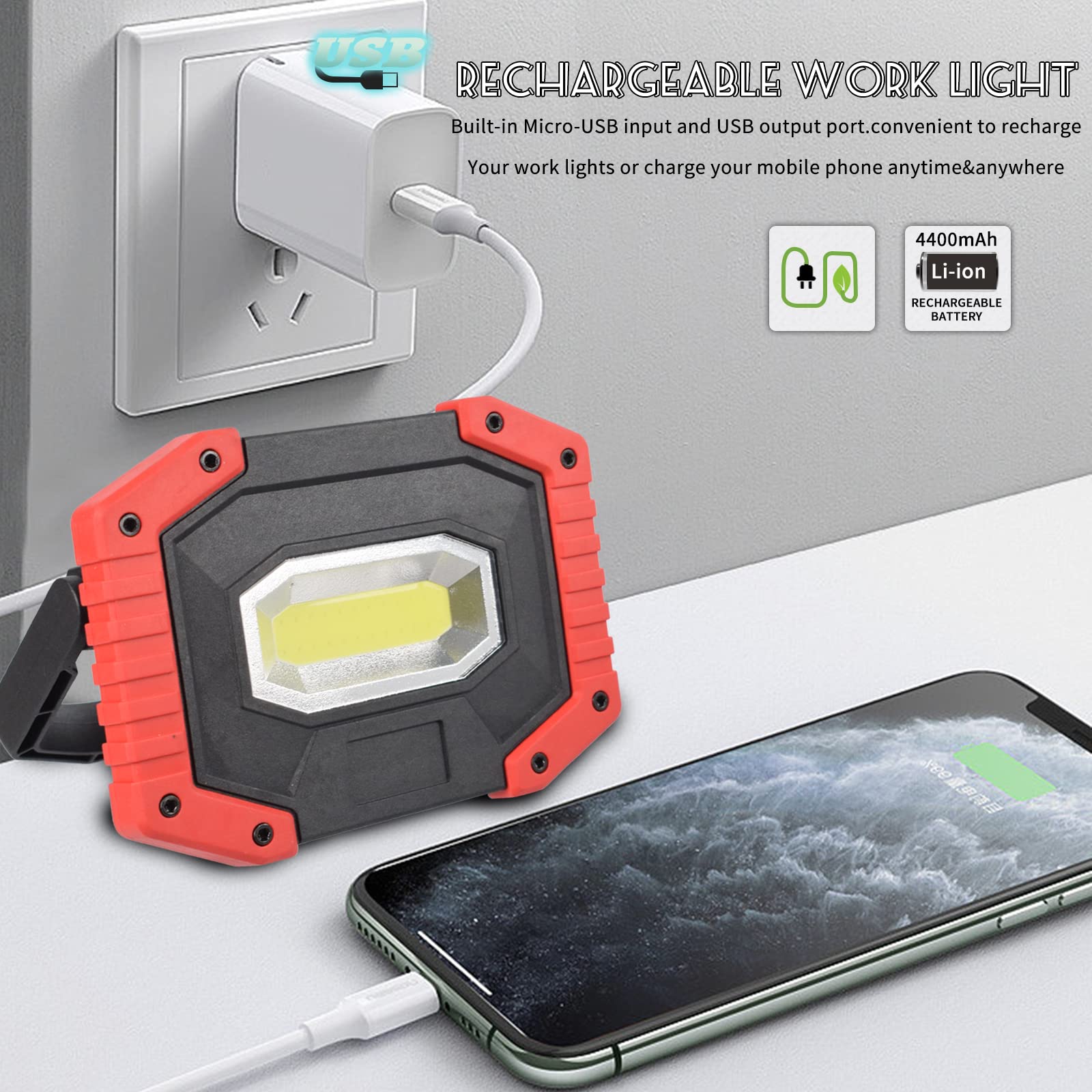 Otyty Work Light Rechargeable, Led Work Light Portable Flood Lights Magnetic Led Light For Outdoor Camping Hiking Emergency Car Repairing Job Site Lighting 2 Pack (W841 Red)