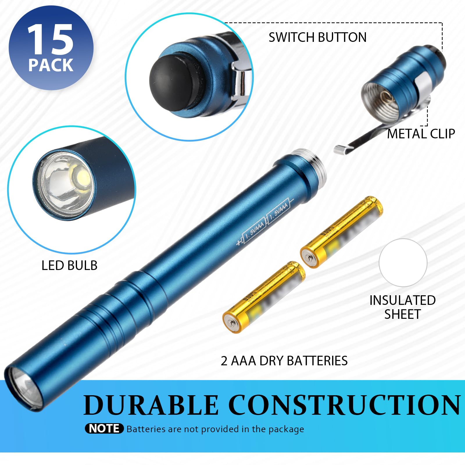 Rossesay 15 Pack Mini Pen Flashlights Bulk LED Pen Lights Aluminum Pocket Flashlights with Clips Small Handheld Torches Gifts fo