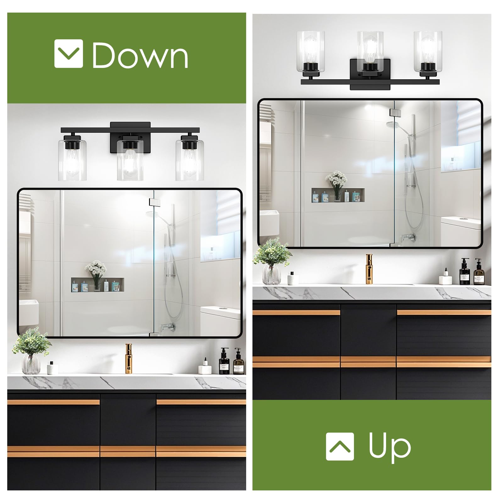 BesLowe 3-Light Bathroom Light Fixture, Modern Matte Black Wall Sconce, Model B19003P