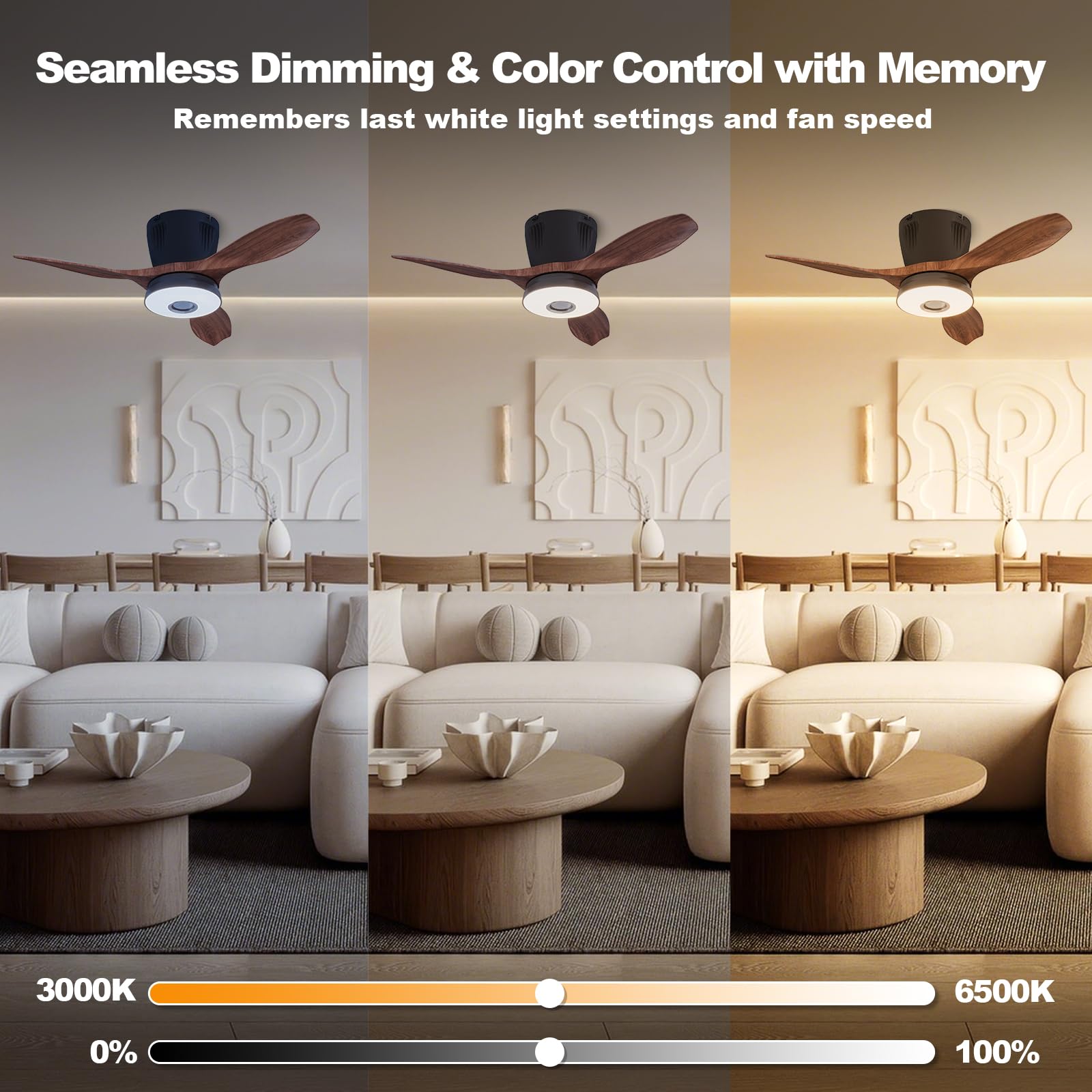 WVMNQO 21" RGB Ceiling Fan with Bluetooth Speaker, Dimmable Light, Walnut, Model LEC016R, Night Mode, Remote Control