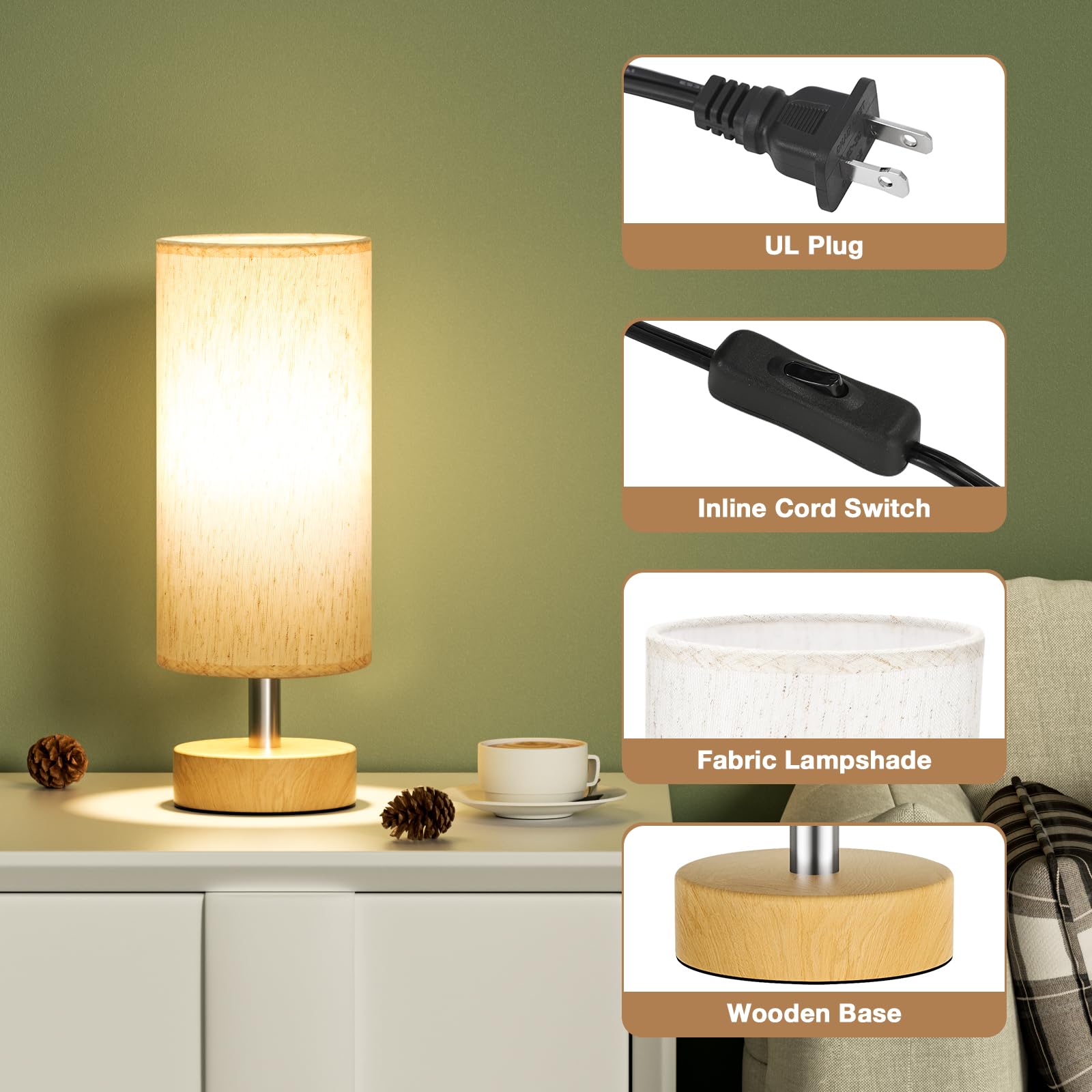 PartageiZ Small Table Lamp - Cream Shade, Wood Base, 11.6in Inline Control, Minimalist Design for Bedroom, Office, Living Room, Kids Room