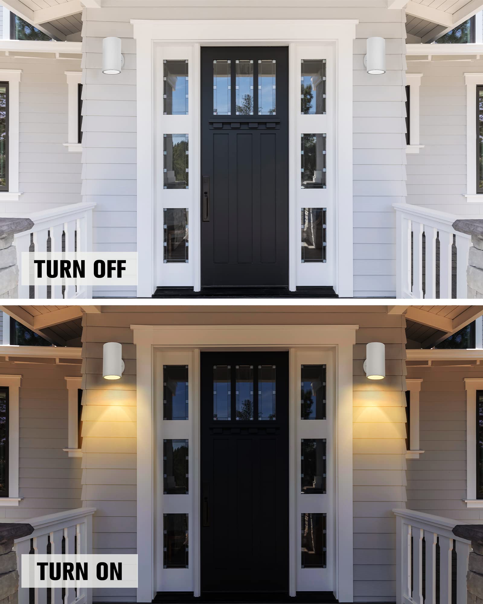 Ken & Ricky Outdoor Wall Sconce - White Aluminum Porch Lights, 2 Pack, Model KR3319-W-2PK, Tempered Glass Cover