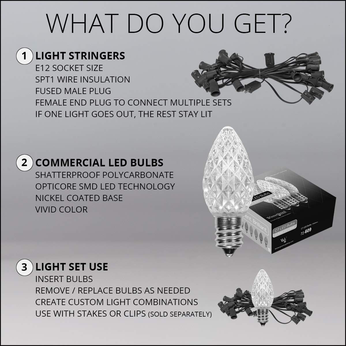 Wintergreen Lighting C7 LED Christmas String Lights - 50 ft, 50 Multicolor Lights, Polycarbonate, Green Wire