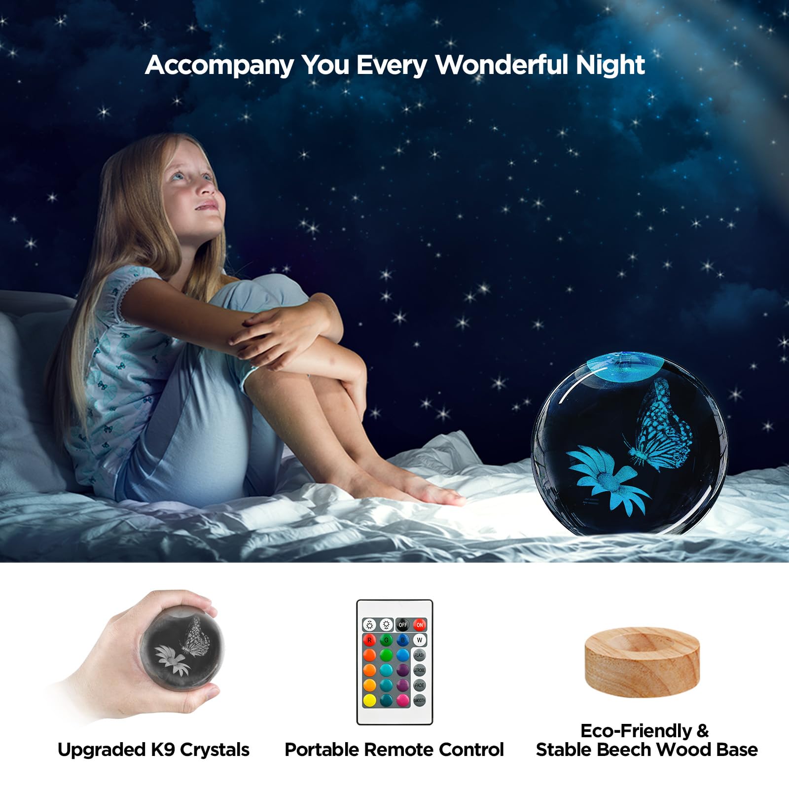 Yylzephb 3D Crystal Ball Night Light With Wooden Base, 3.15'' Butterfly & Flower Figurine Glass Lamp With 16 Colors, Cute Desk D