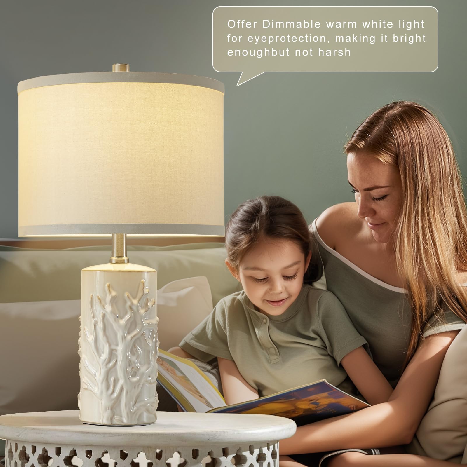 Vintage Farmhouse Table Lamp Set Of 2, Tree Trunk Grain Nightstand Lamp With Eye-Protecting Fabric Shade For, 3-Color Temperatur