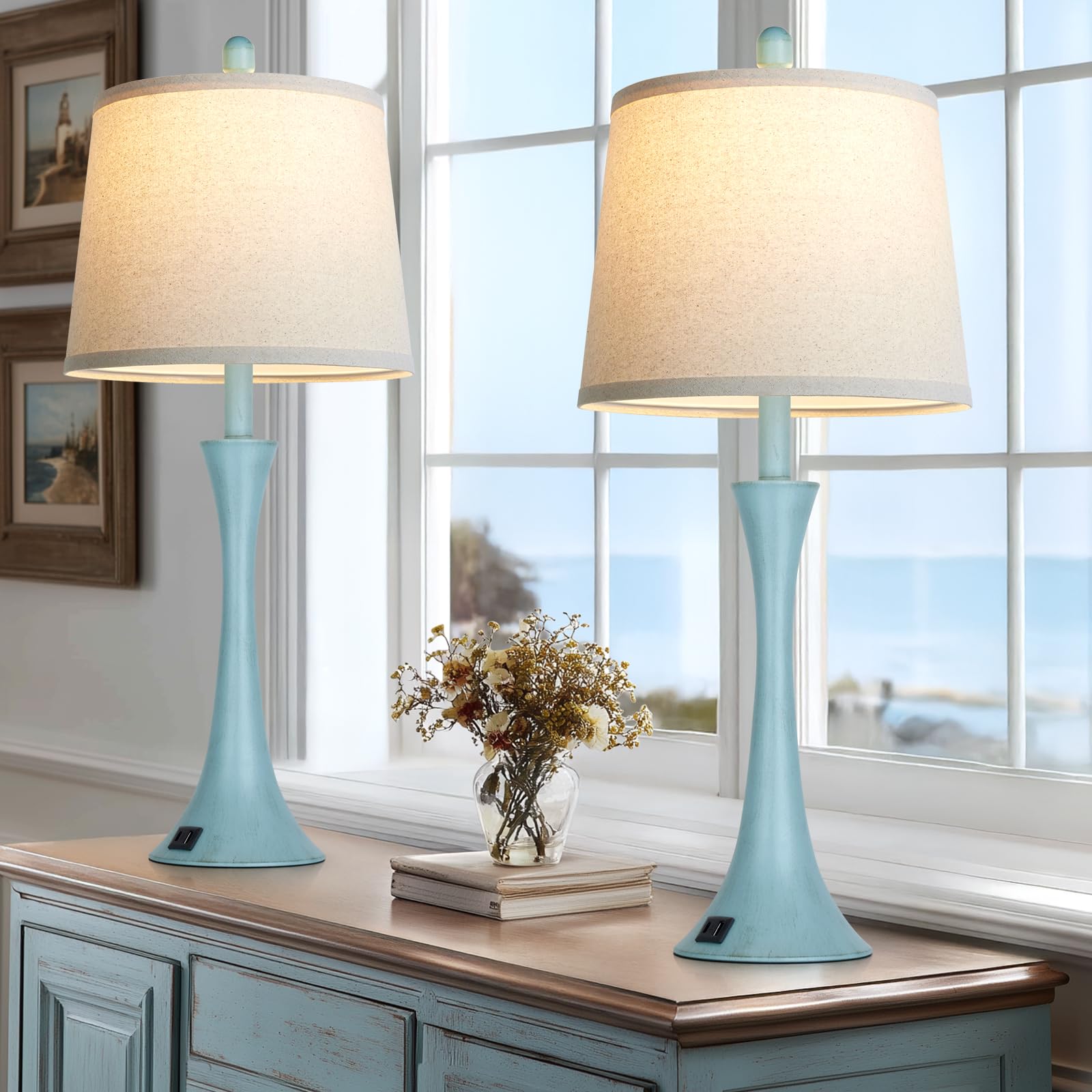 Rinweey Riweey Blue Metal Table Lamp Set of 2 with USB C+A Ports  Bedside Lamp  Modern Bedroom Lamps  Coastal Lamp for Night Stands Bedroom Living Room Nightstand Lamp LED Bulbs Included