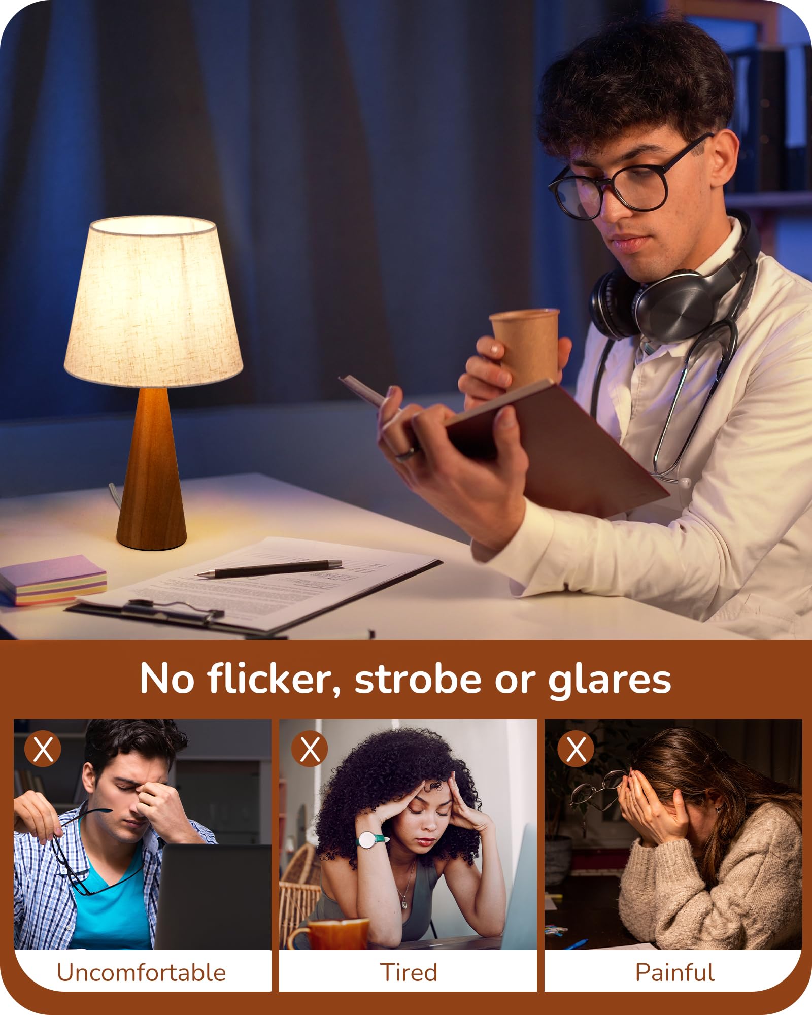 Edishine 13.58'' Small Table Lamp, Wooden Bedside Lamp With Beige Linen Lampshade, Space-Saving Nightstand Lamp For Nursery Kids