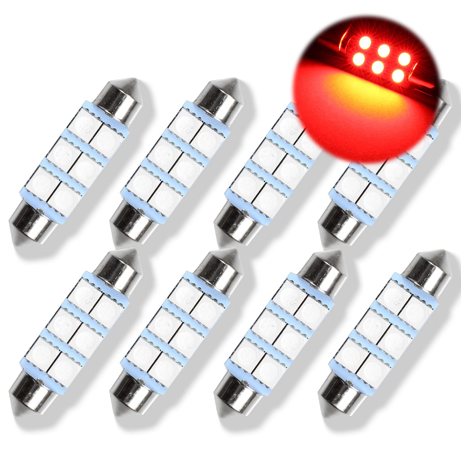 SAWE Festoon LED Bulbs 6-SMD 5050 for Dome Map Light Pack of 8 Red 1.72in 42mm 41mm