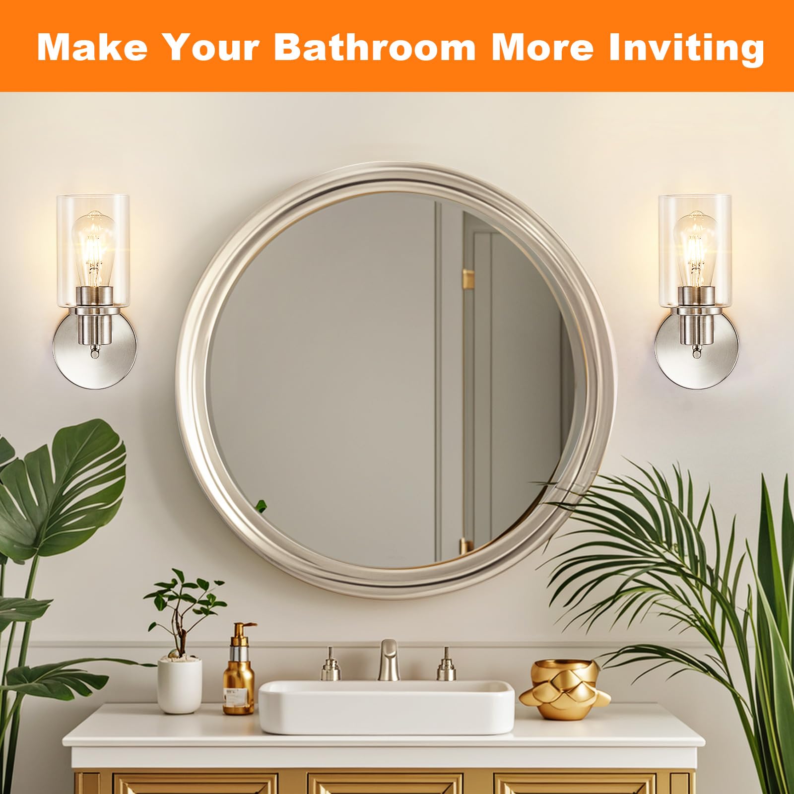 DINGLILIGHTING Wall Sconces Set of Two - Modern Nickel Vanity Lights with Clear Glass Shade - 1-Light, Brushed Nickel