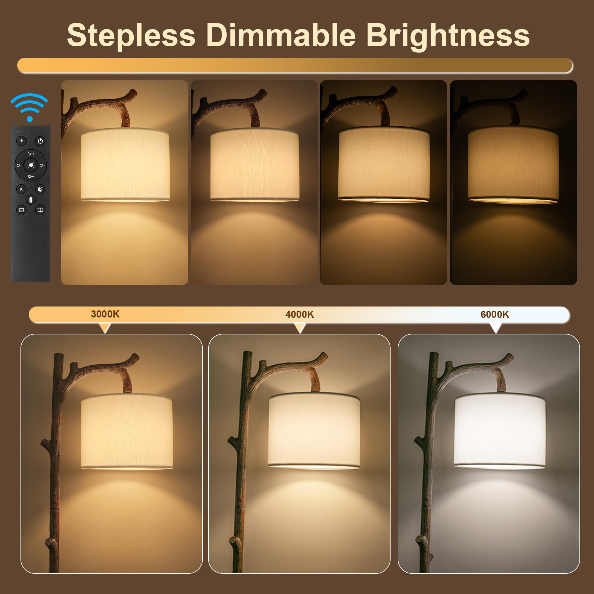 OYEARS Retro Farmhouse Floor Lamp - Brown Tree Trunk Design, Resin Material, Remote Control, Model AMZ-F1159WC-RC