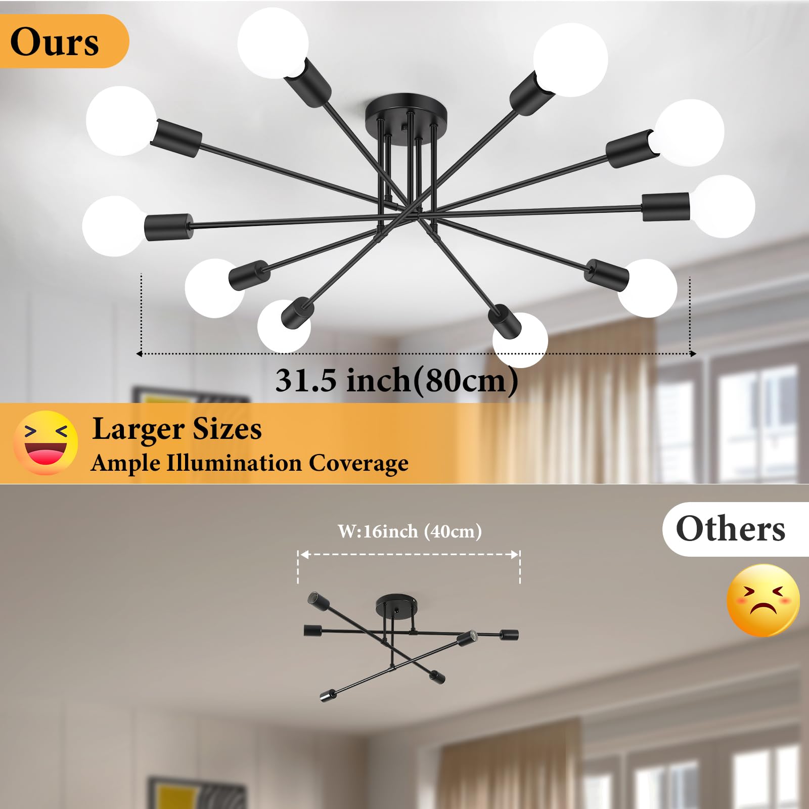 Modern Sputnik Chandelier 10-Light Industrial Ceiling Lights Fixture 31.5'' Black Semi Flush Mount Ceiling Light With E26 Base S