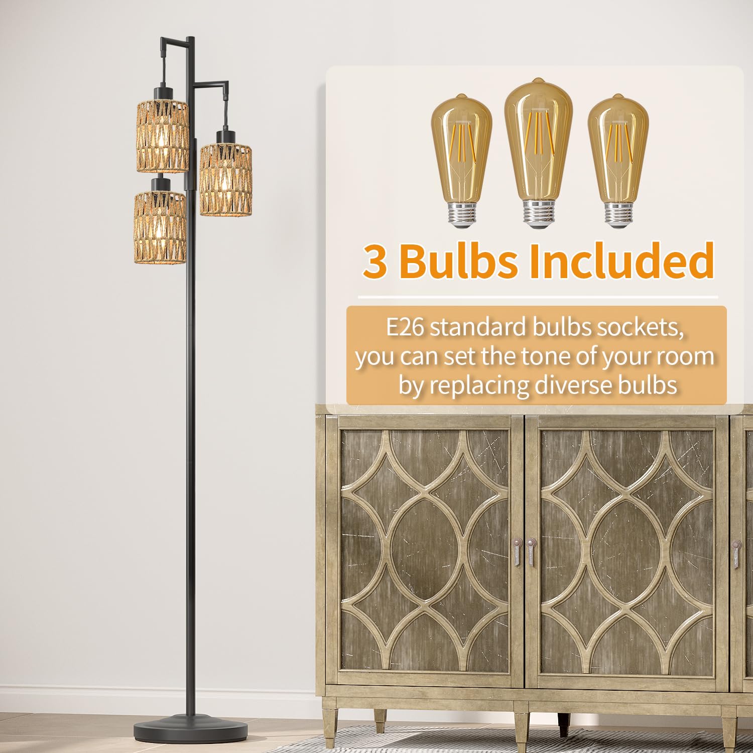 Oneach 68" Stepless Dimmable Floor Lamp, Black Rattan, Tall Industrial Design for Living Room, Bedroom, Office, Model AMZ-F1175BK-3-NEW