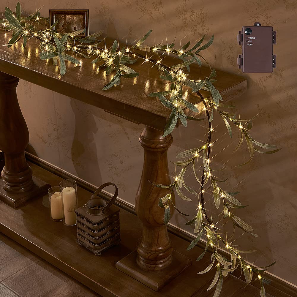 Hairui Lighted Artificial Olive Garland 6FT 96 LED Fairy Lights Battery Operated, Faux Vine Lights with Timer for Spring Christm