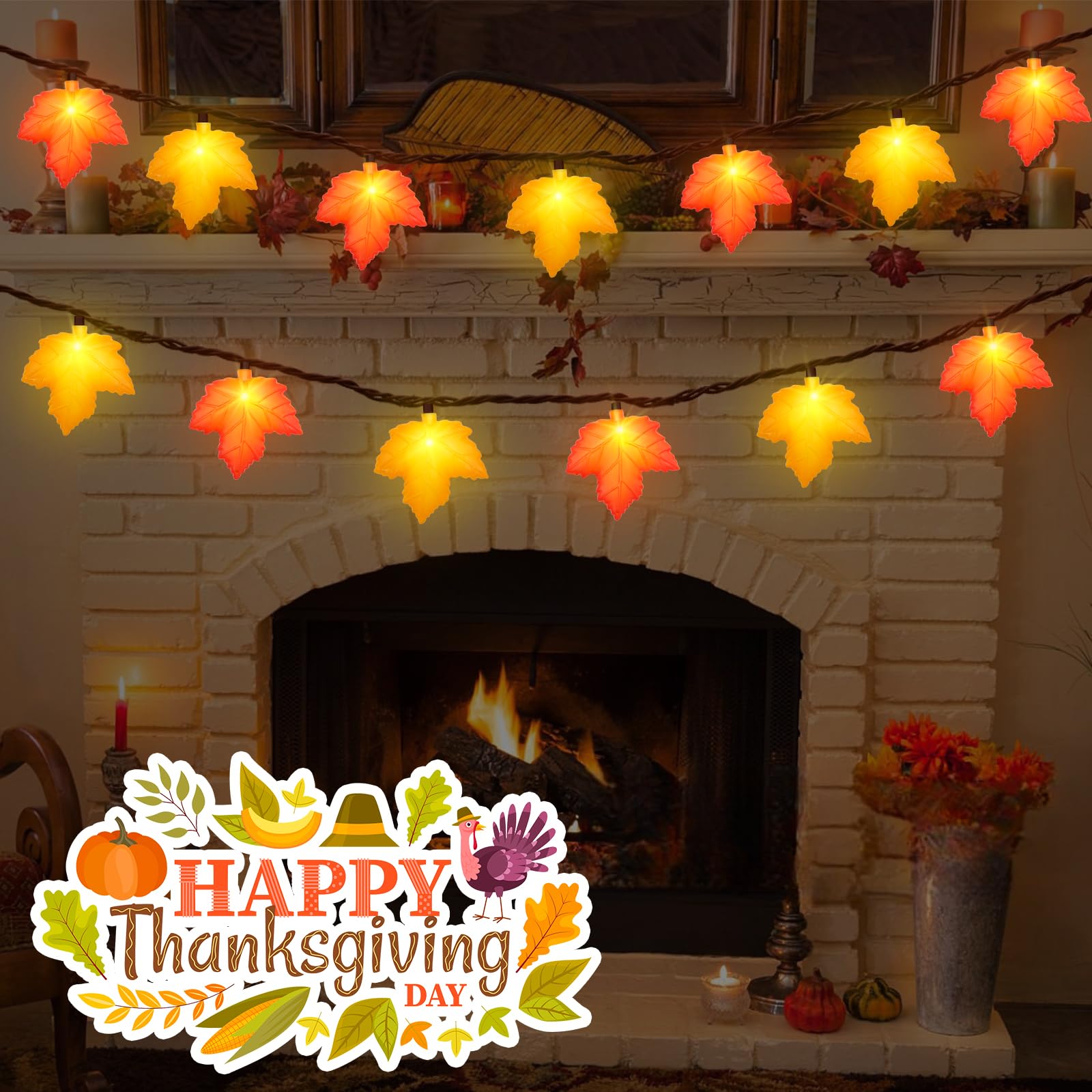 Fall Decor Maple Leaf String Lights, 8.5 FT 3D Maple Leaf Lights 10 LED Orange & Yellow Maple Leaf Plug in Fall String Lights fo