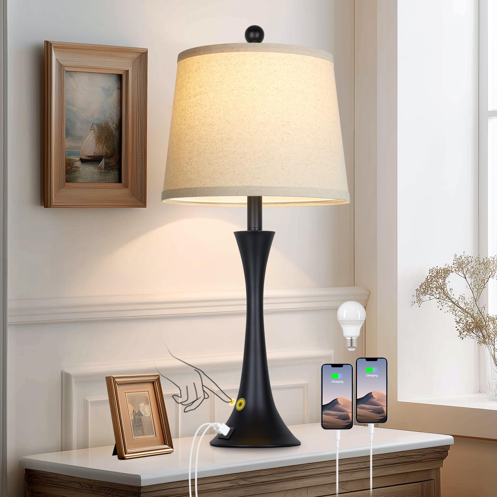 27.5 Black table Lamps for Living Room  Touch Control 3-Way Dimmable Bedside Nightstand Lamps Bedroom Lamp Modern Black Table Lamp with USB A+C Ports Tall Lamps for Living Room End Table(1Pack)