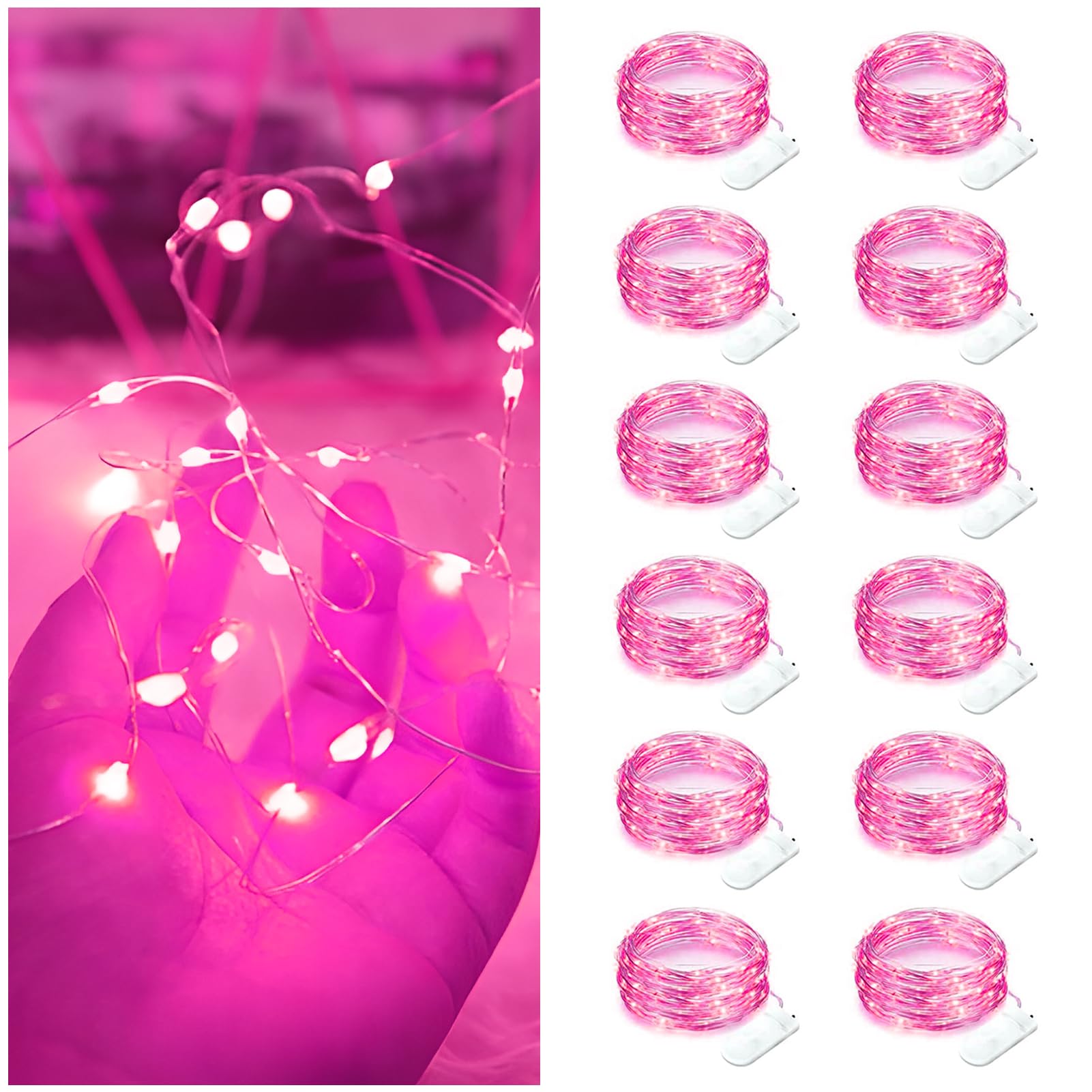 Bexdir 12 Pack Fairy Lights Battery Operated 20LED Waterproof Silver Wire String Lights for Home Decor, Pink, 7FT