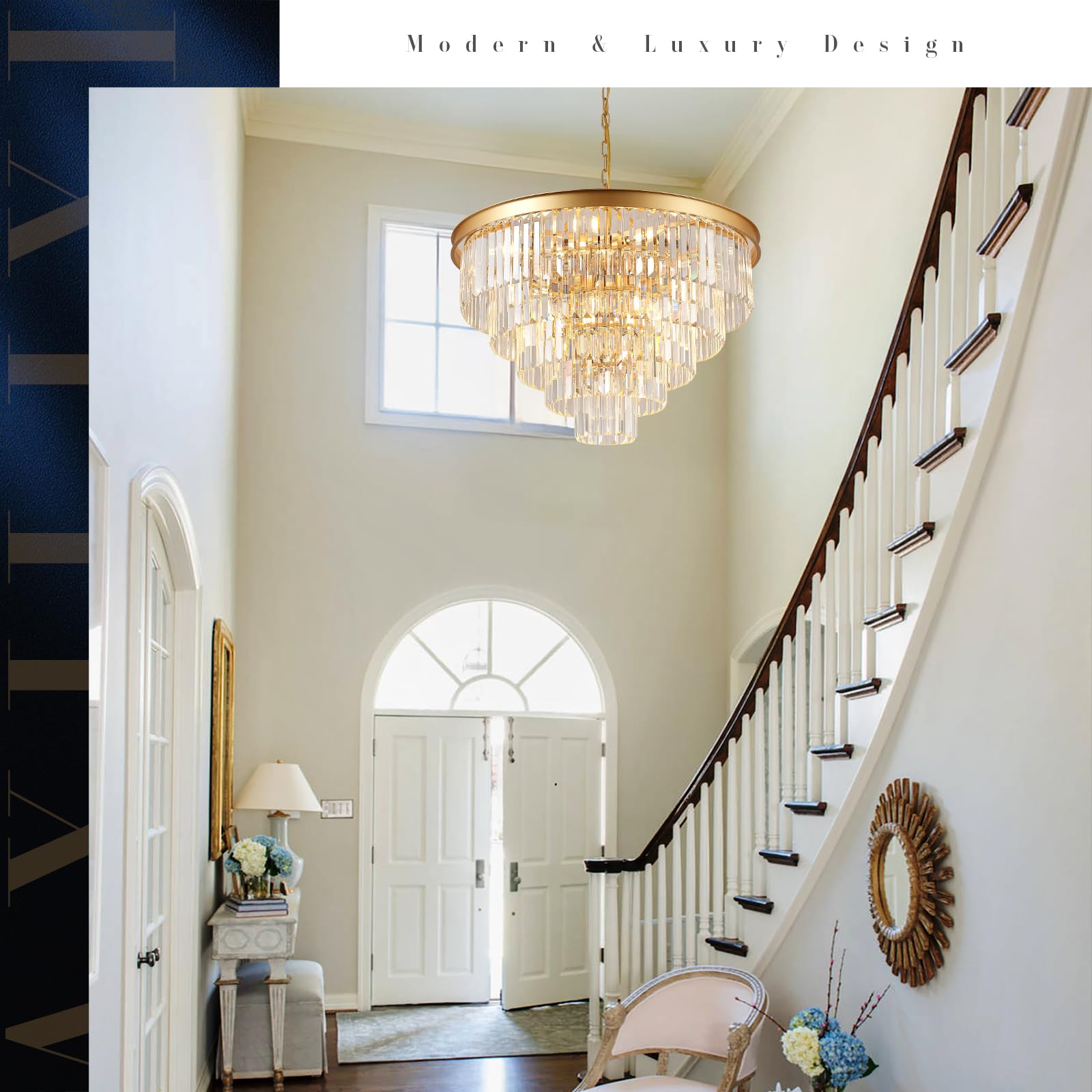 A Axilixi Large Crystal Chandeliers 30 Modern Gold Round Chandeliers For High Ceiling K9 5-Tier Large Ceiling Chandelier Light F