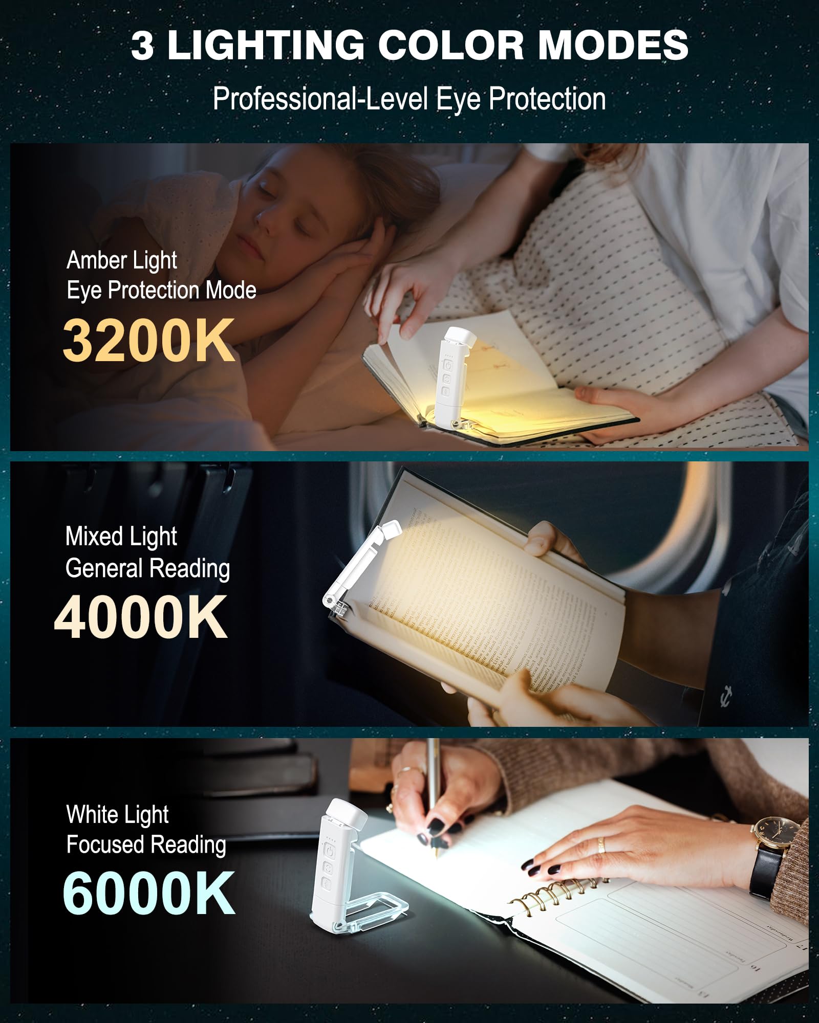 2-Pack Reading Light With 6 Bookmark, Portable Book Light For Reading In Bed, 3 Colors & 5 Brightness Dimmable Eye Care, Recharg