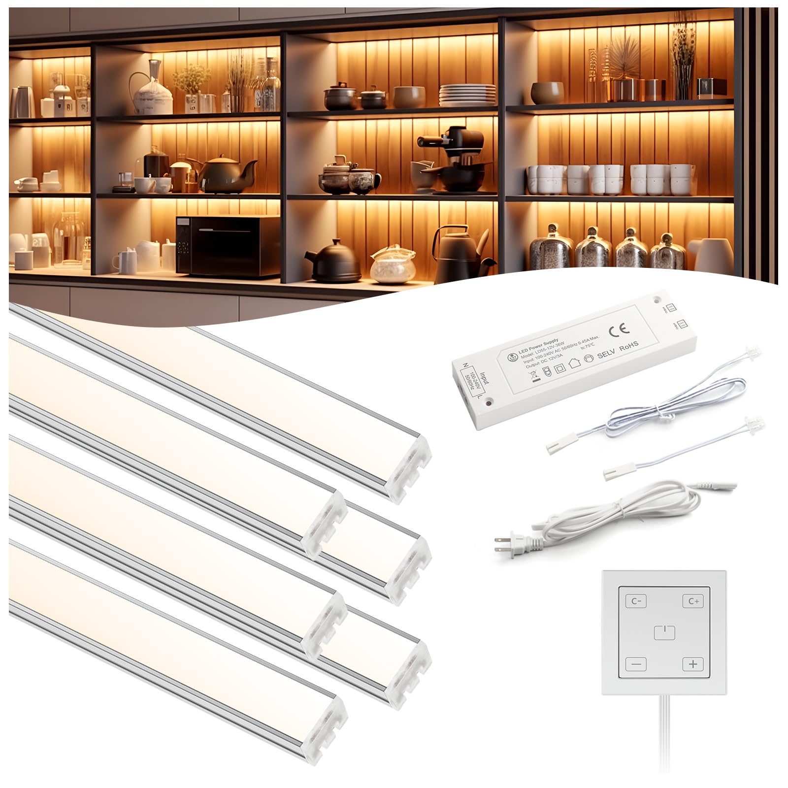 VST Under Cabinet Lighting  Work with Touch Switch - Solderless Linkable Gapless Under Counter Lights for Kitchen Beverage Cabinet Closets (6 Lights Bar Kit)