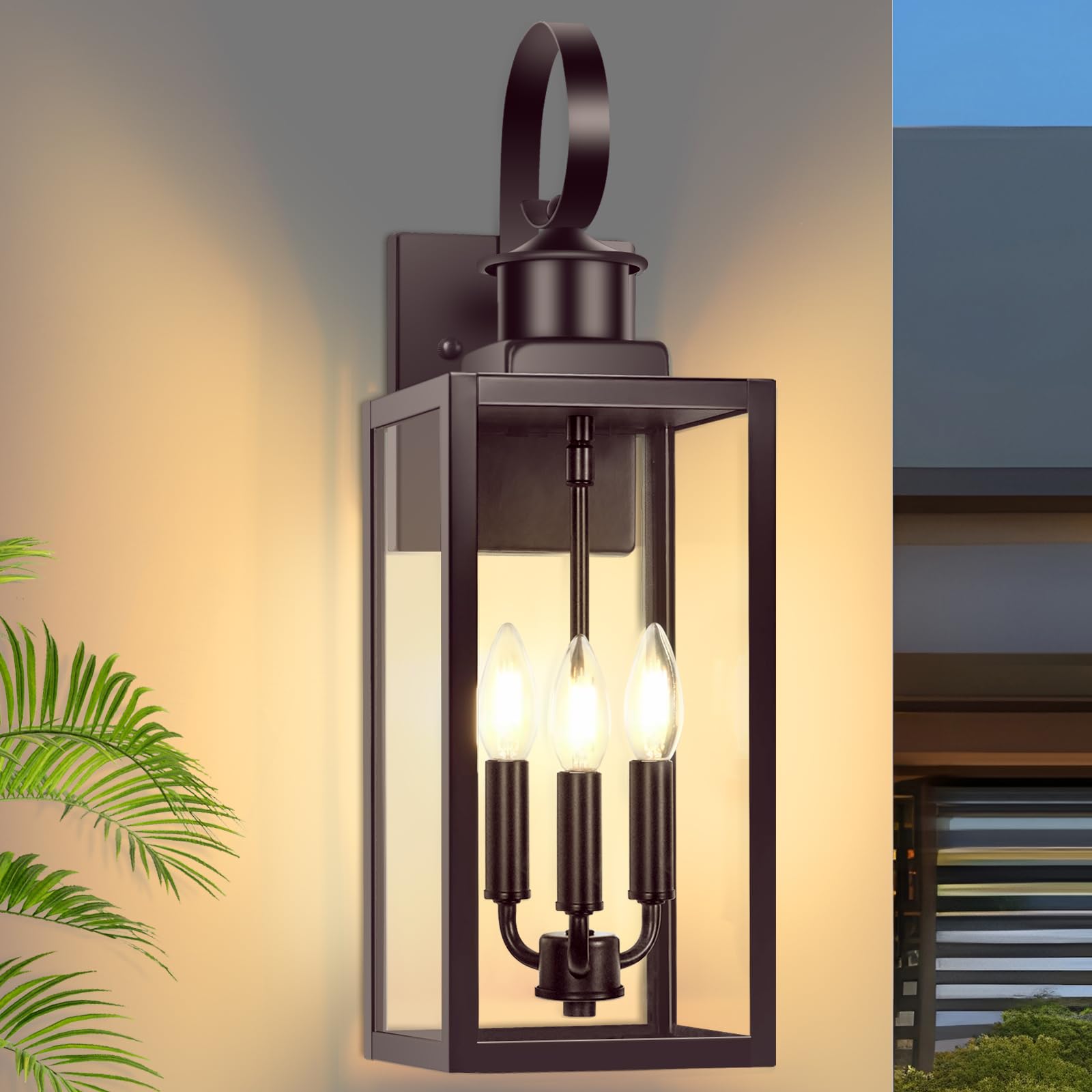 19'' Large Outdoor Wall Lights, 3-Light Brown Waterproof Exterior Wall Light Fixtures with Clear Glass Shades, Farmhouse Outdoor
