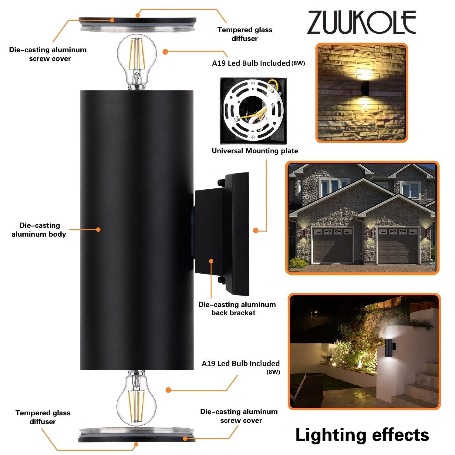 ZUUKOLE Outdoor Wall Light - Waterproof Aluminum Cylinder Design, 2 Bulbs Included, Black, ETL Listed for Porch, Backyard, Patio