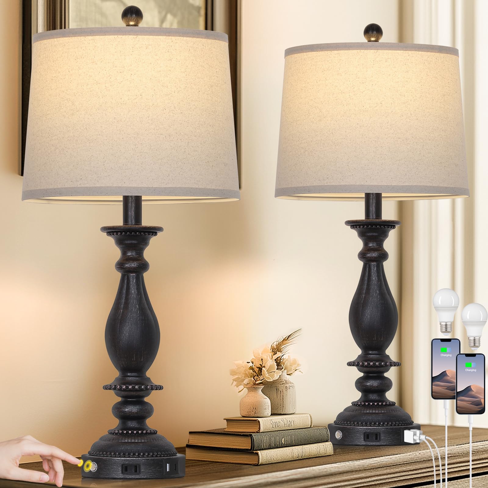 Cinsary 28'' Tall Farmhouse Table Lamps For Living Room Set Of 2,Vintage Rustic Black Bedside Touch Lamp With Usb C+A Ports & Ac