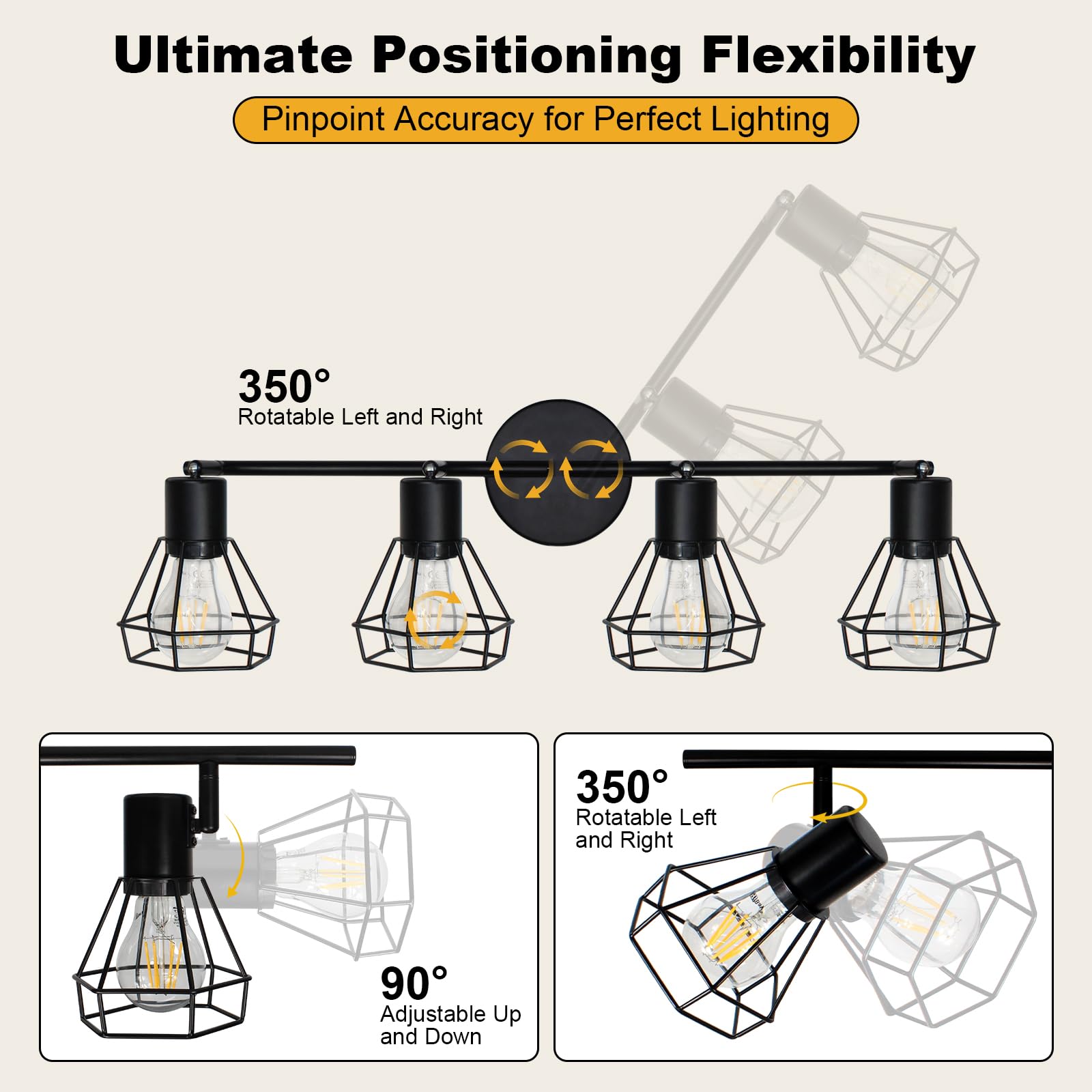 Hibay 4-Light Track Lighting Farmhouse  Industrial Directional Ceiling Track Light Fixtures  Black Geometric Cage Spotlight Indoor For Kitchen  Bedroom  Hallway  E26 Base (Bulbs Not Included)