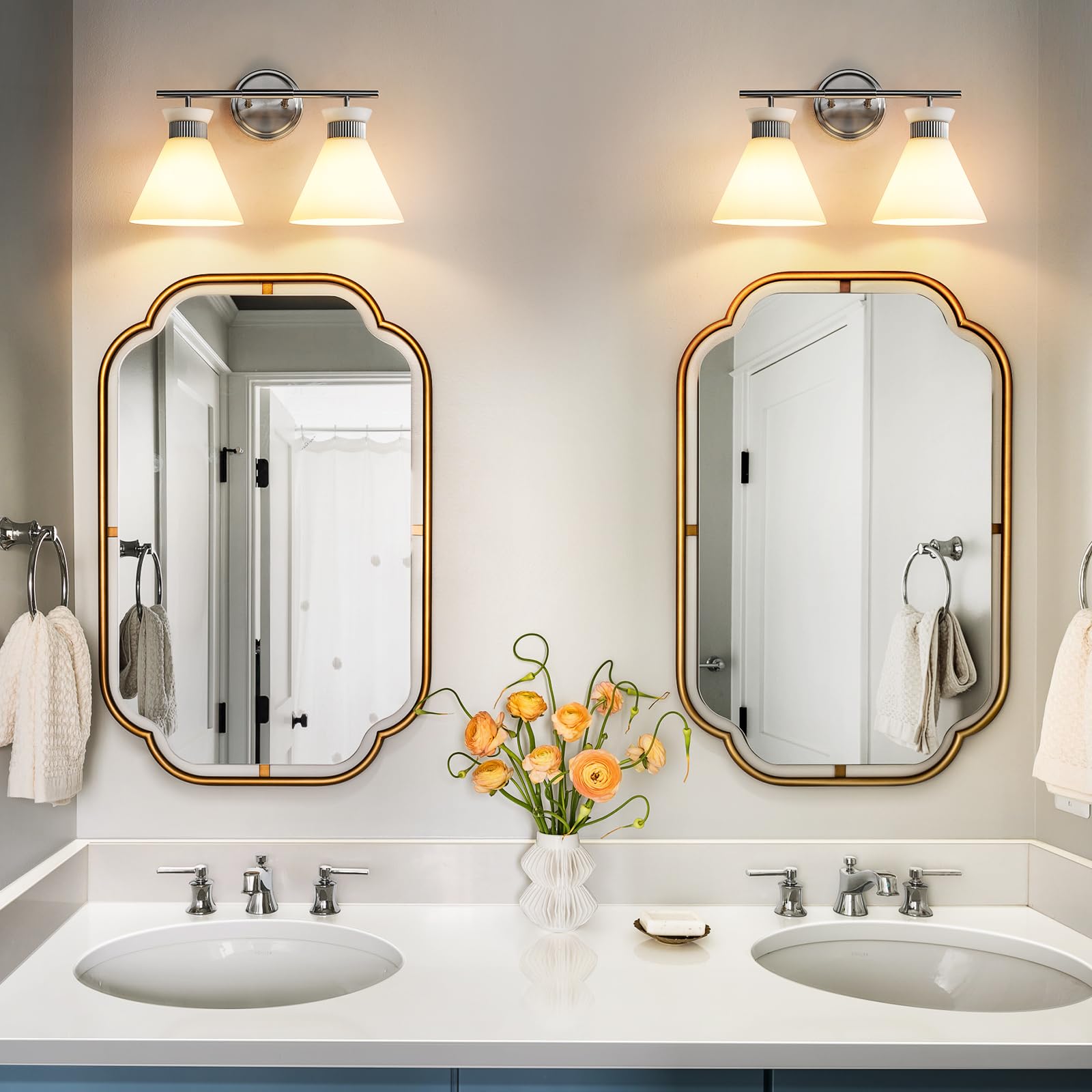 WOSHITU 2-Light Bathroom Vanity Light - Brushed Nickel with Milky White Glass Shade, Mid Century Style, Model 8090ML-02SN-US