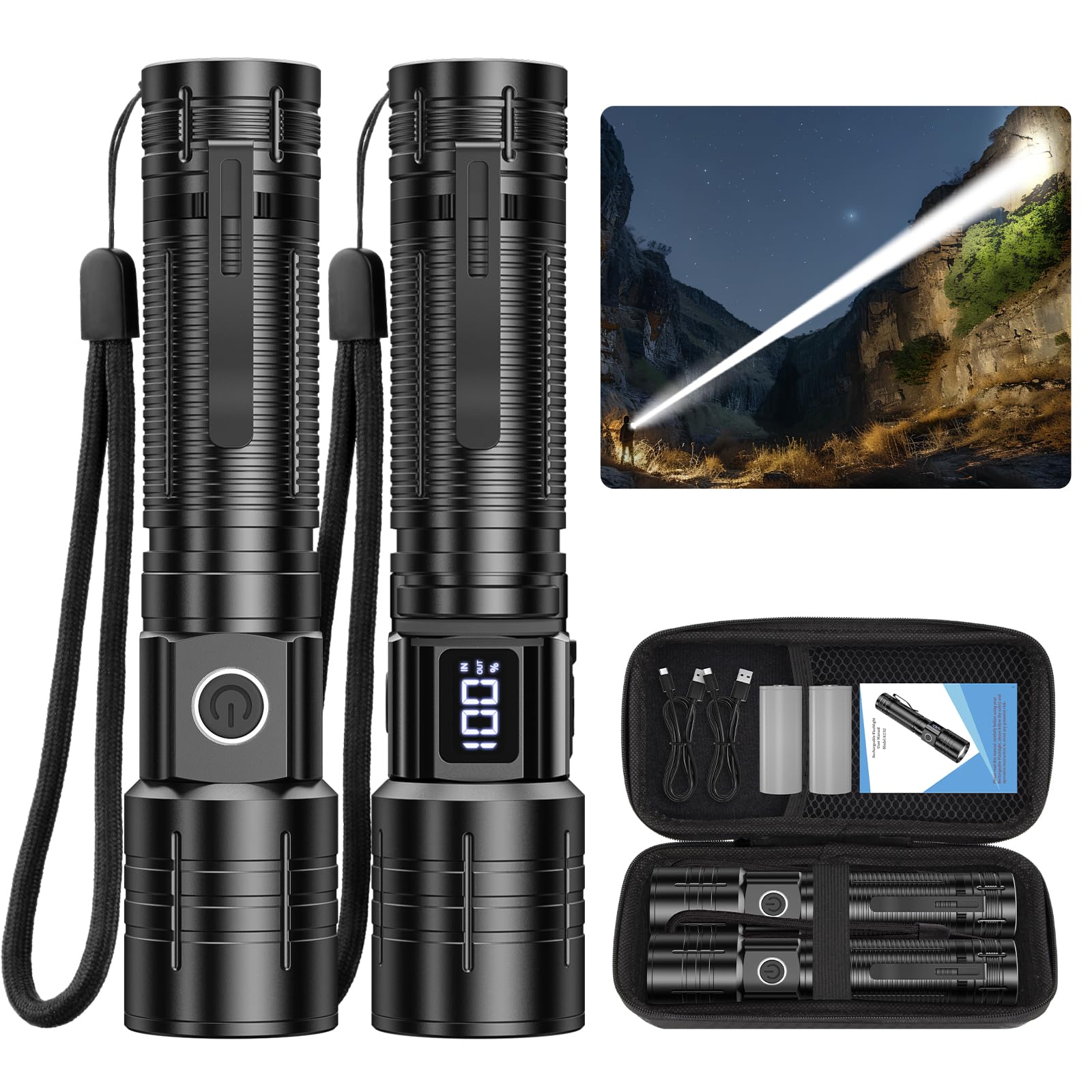 AdamStar Tactical High Lumens Flashlights, LED Rechargeable 20000LM Super Bright Flash Light with Power Display Waterproof Small