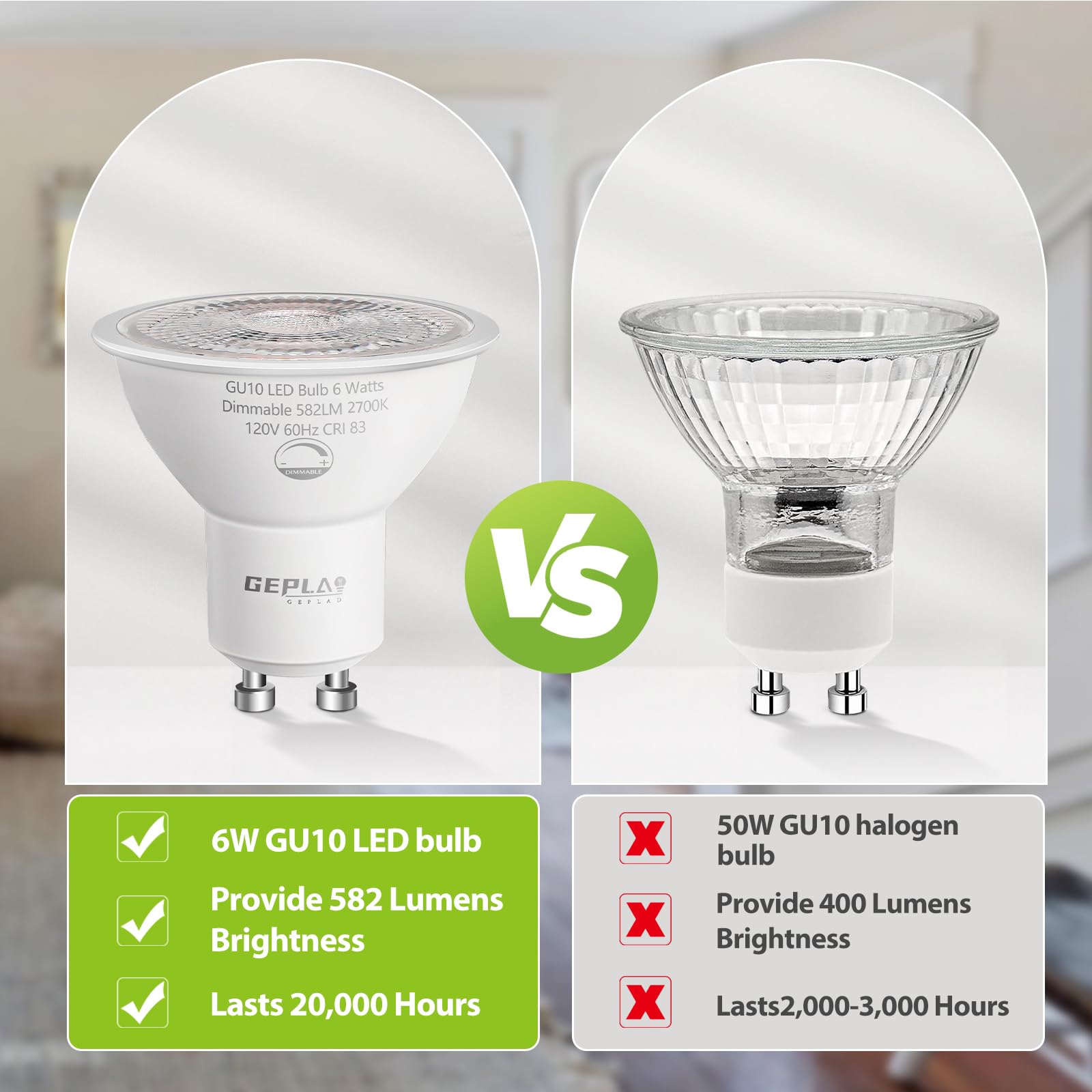 Geplad 6 Pack Gu10 Led Bulb Dimmable 6W, 582Lm, 2700K Warm White, Halogen Replacement, 38° Spotlight