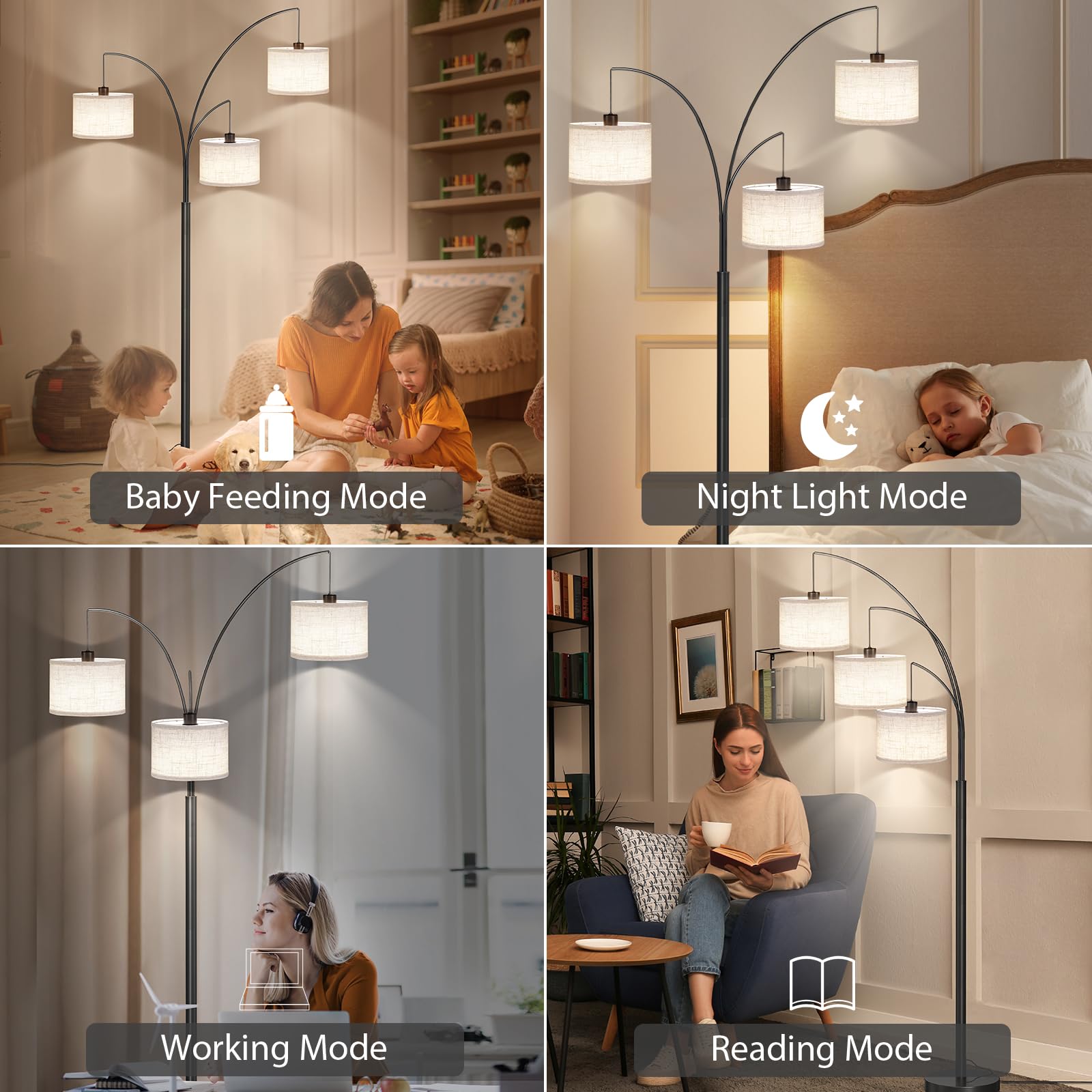 Sunmory 3 Lights Floor Lamp With Remote Control And 3 Stepless Dimmable Bulbs, 78'' Tall Standing Lamp With Hanging Drum Shade &