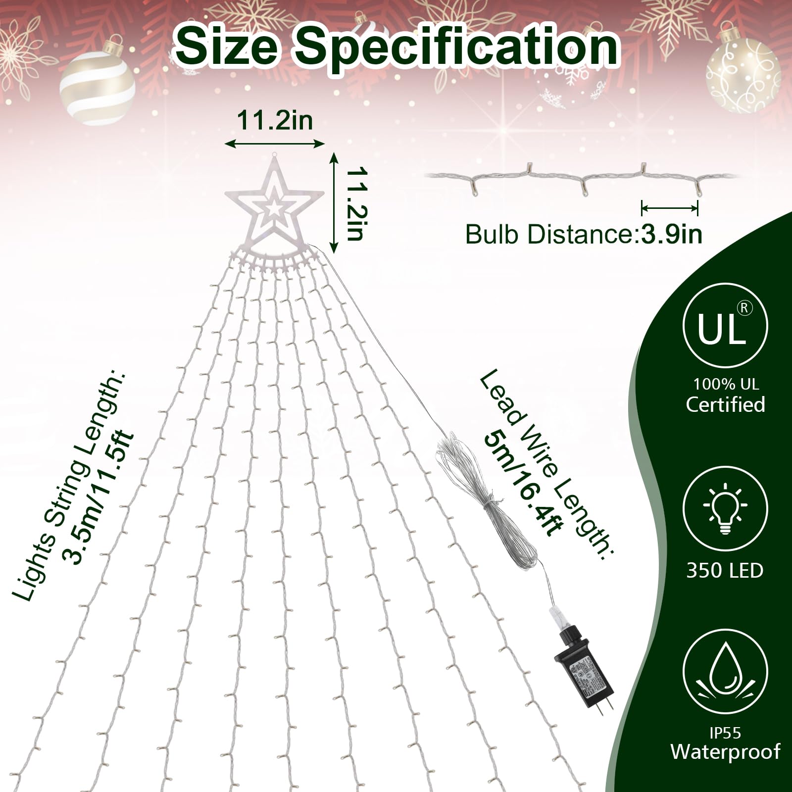 Christmas Decoration Lights, Outdoor Christmas String Lights 320 Led 11.5 Ft Waterfall Tree Lights With Big Star Topper 8 Light