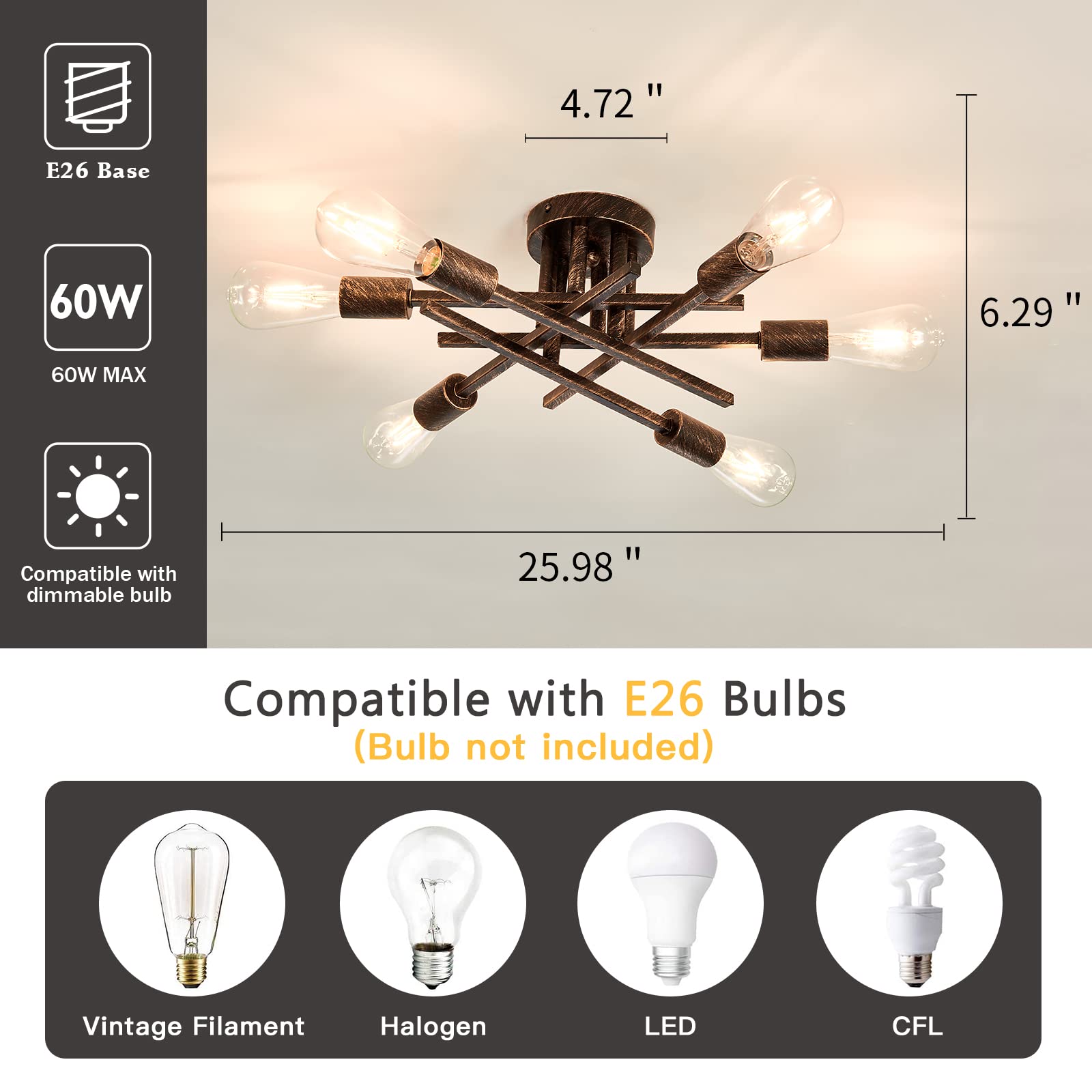 Asgyisa 6-Lights Semi Flush Mount Ceiling Light Fixture Vintage Modern Bronze Matte Sputnik Chandelier Farmhouse Ceiling Lamp Fo
