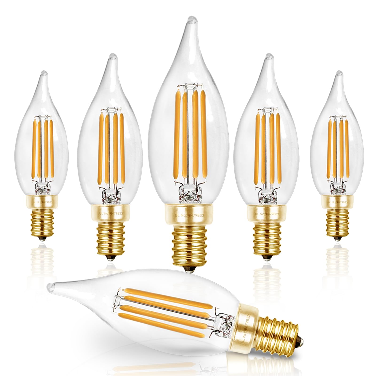 Hizashi E12 LED Candelabra Bulb 60W 2700K Soft Warm White Dimmable 6W 550LM CA11 Flame Tip - 6 Pack