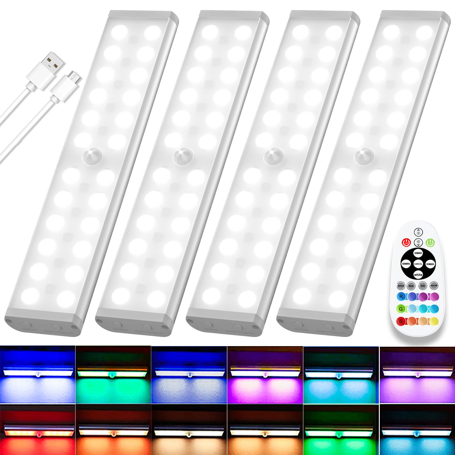 Diomart Under Cabinet Lighting Wireless RGB 58-LED Motion Sensor Light 4 Pack Multicolor