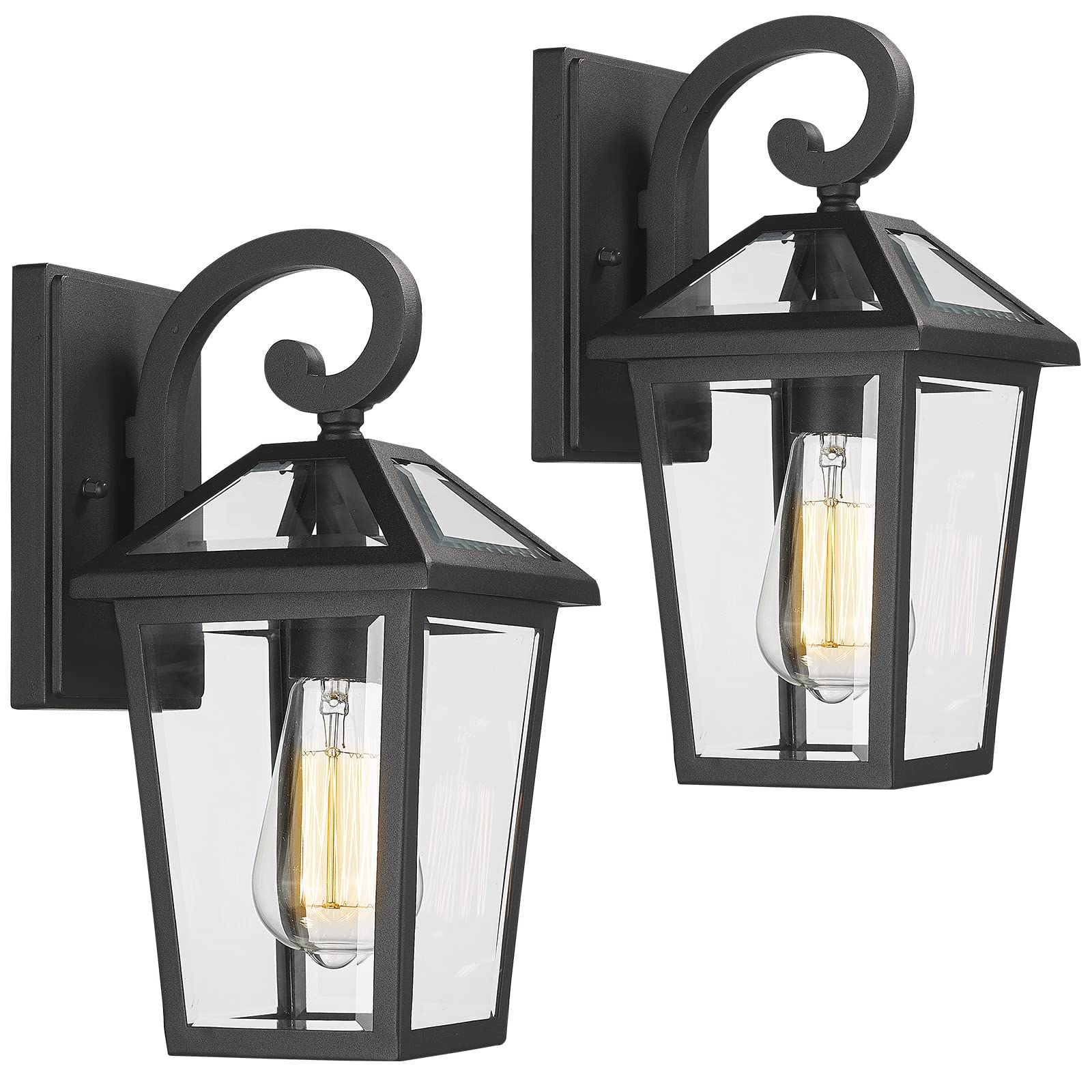 Luminzone Waterproof Outdoor Wall Lanterns - Black Glass Sconces (Small, 2 Pack)