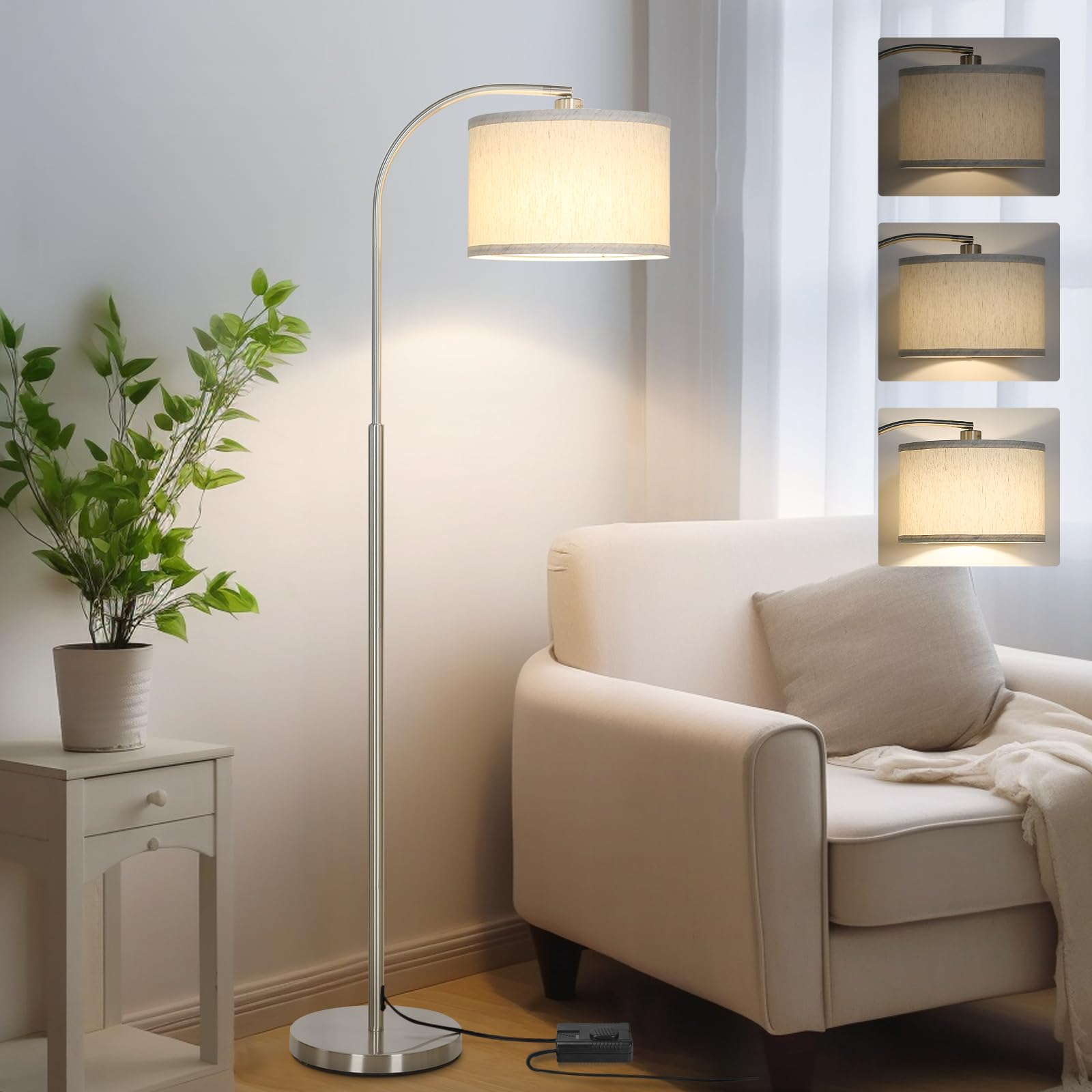 Boncoo Arc Floor Lamp, Dimmable Floor Lamp for Living Room, Standing Lamp with Adjustable Drum Shade, Tall Pole Lamp for Bedroom