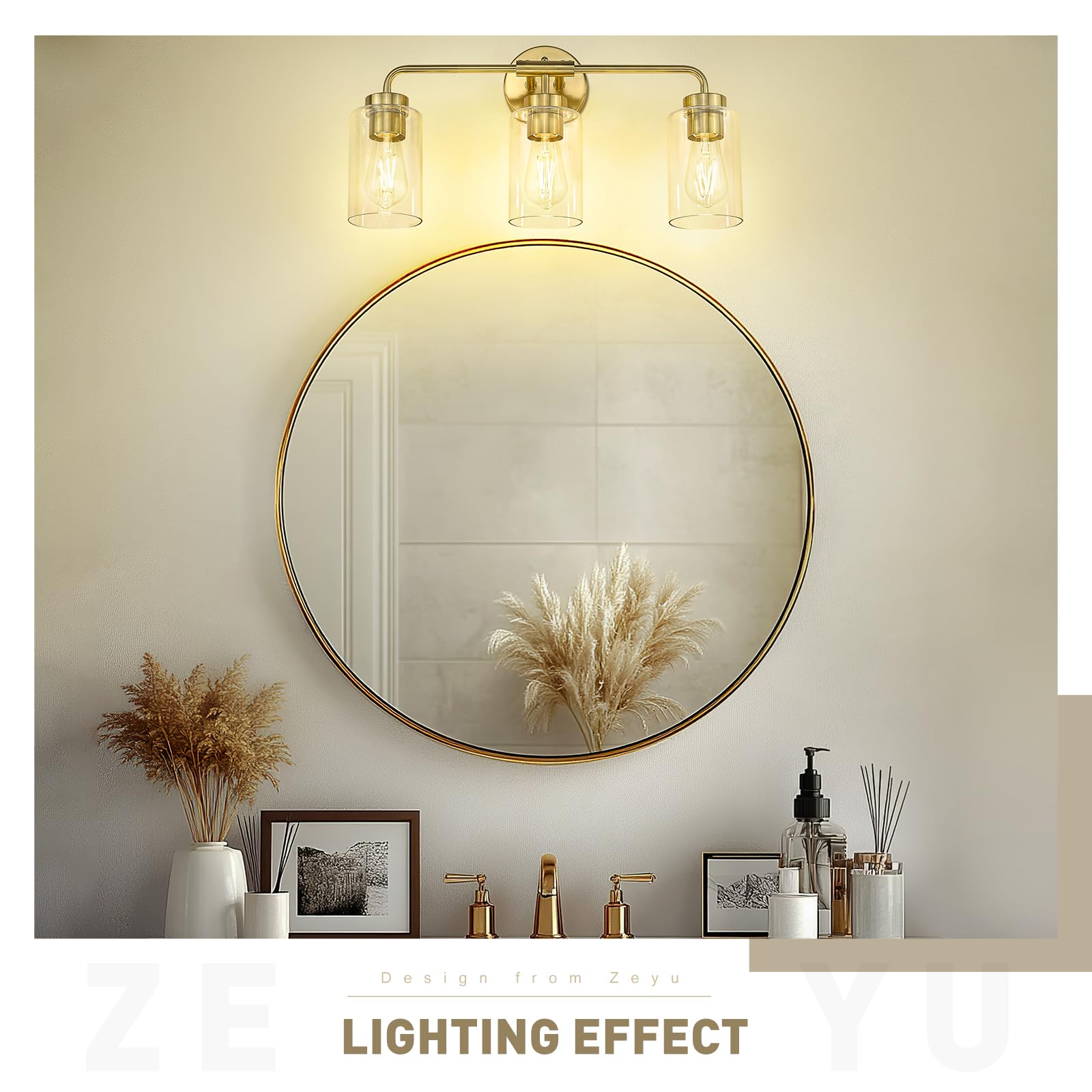 zeyu 3-Light Vanity Lighting Fixture, Modern Metal Over Mirror Light, Brushed Gold, Cylinder Clear Glass Shade, Model ZS62B-3W BG