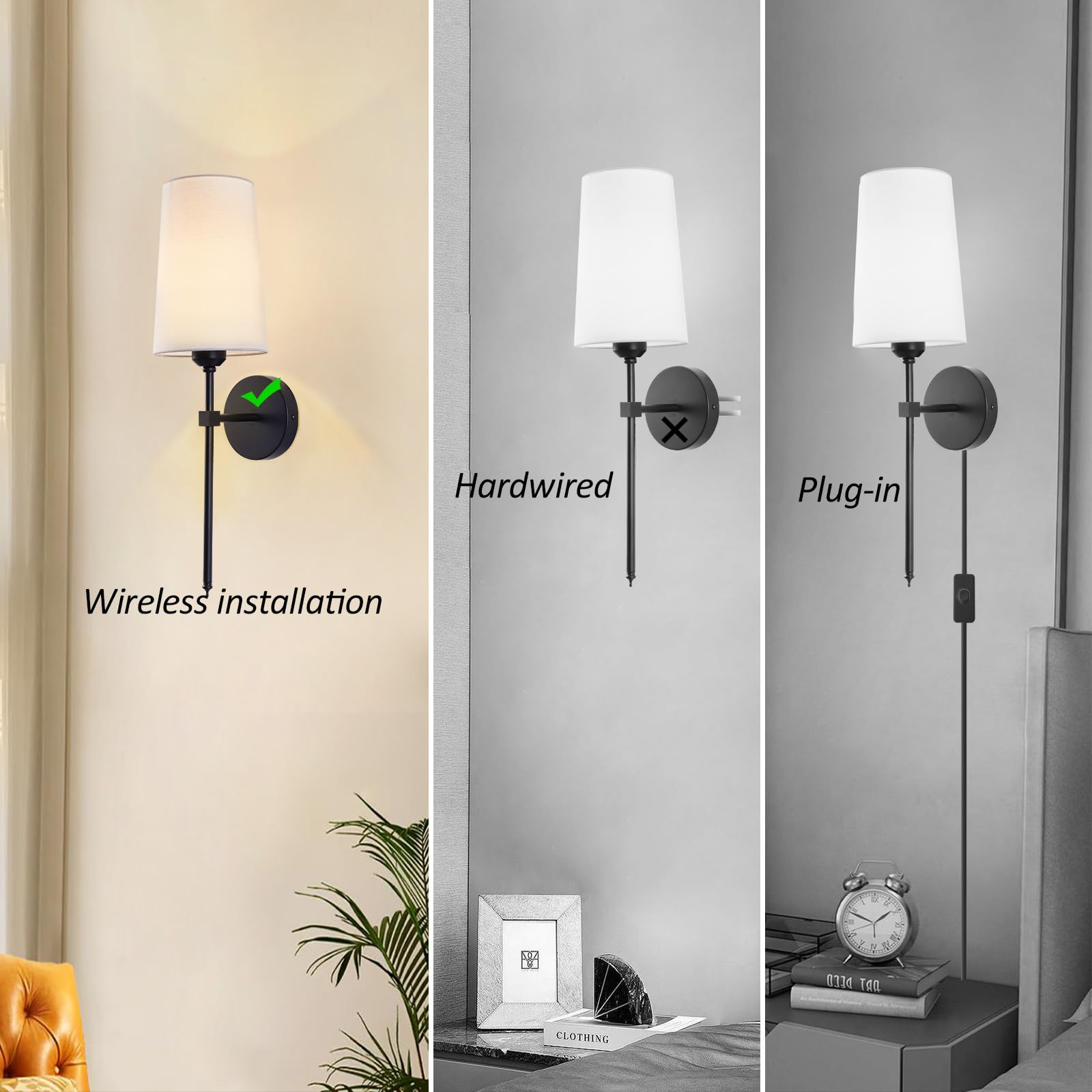 CCKZQYR Battery Operated Wall Sconces, Black, Rechargeable with Remote Control, Dimmable, Set of 2, Ideal for Bedroom and Living Room