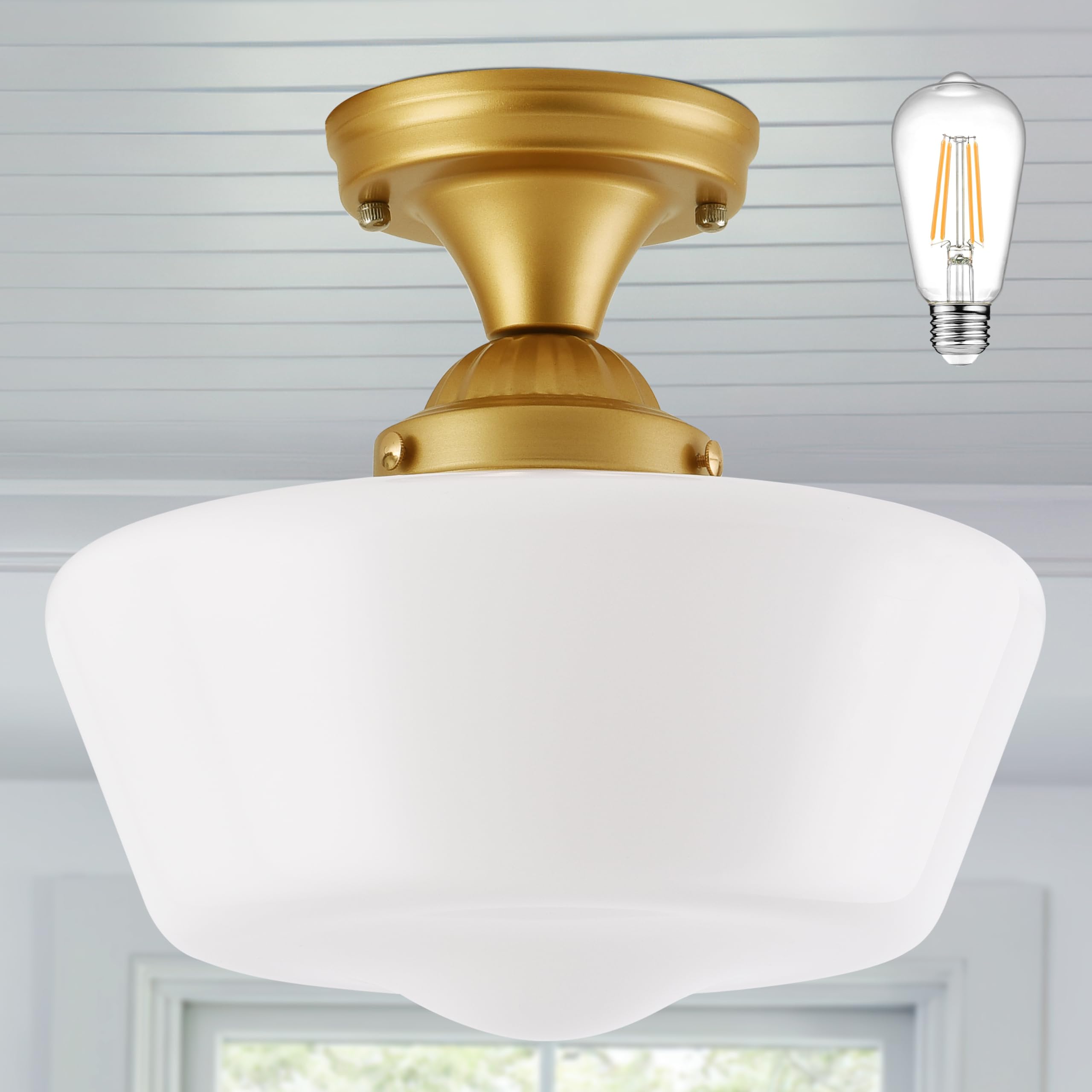 AyshwillDec Brass Schoolhouse Light Fixture 12'' Mid Century Light Fixture Milk Glass Light Fixture School House Light Fixtures 